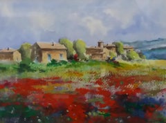 Vintage Benavente Solís   Green Landscape  Poppies  House in the Countryside  original