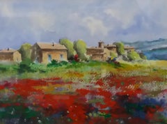 Benavente Solís   Paysage vert  Coquelicots  Maison à la campagne  original