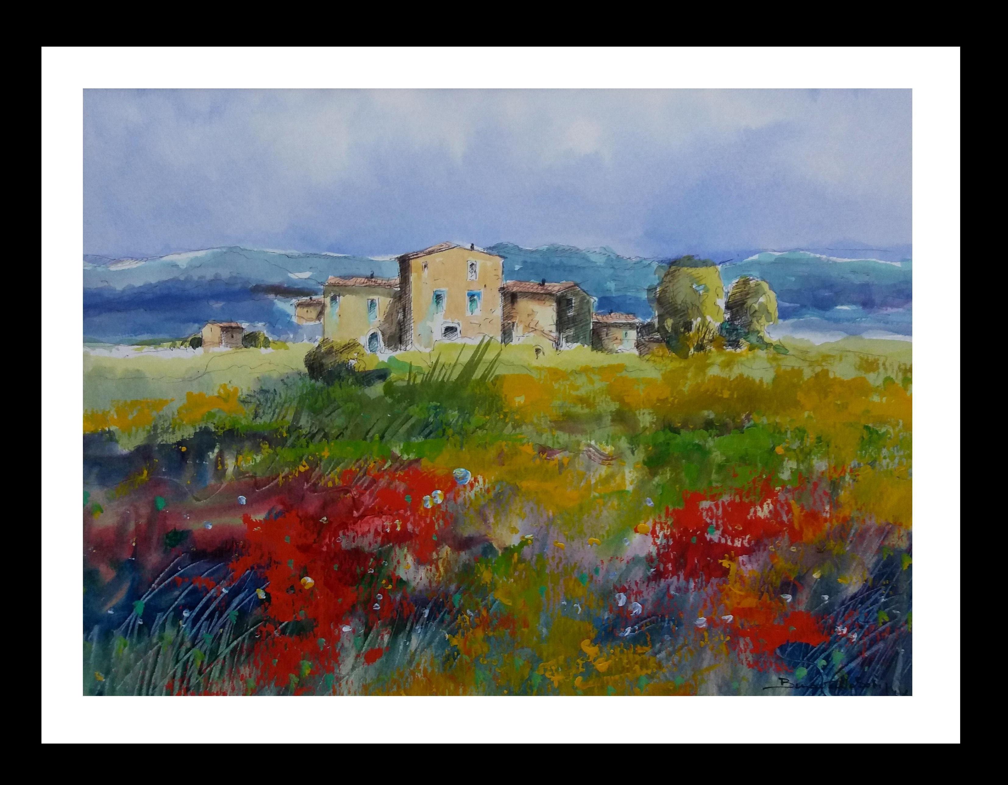 Benavente Solís   Poppies  Red  Green Landscape original  painting