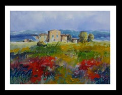 Retro Benavente Solís 12  Poppies  Red  Green Landscape original  painting