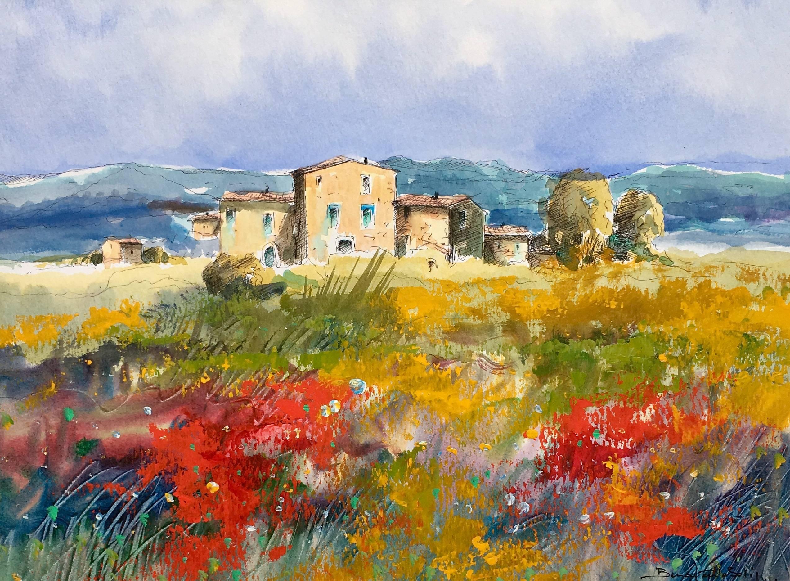 Benavente Solís 12  Poppies  Red  Green Landscape original  painting - Painting by Benavente Solis