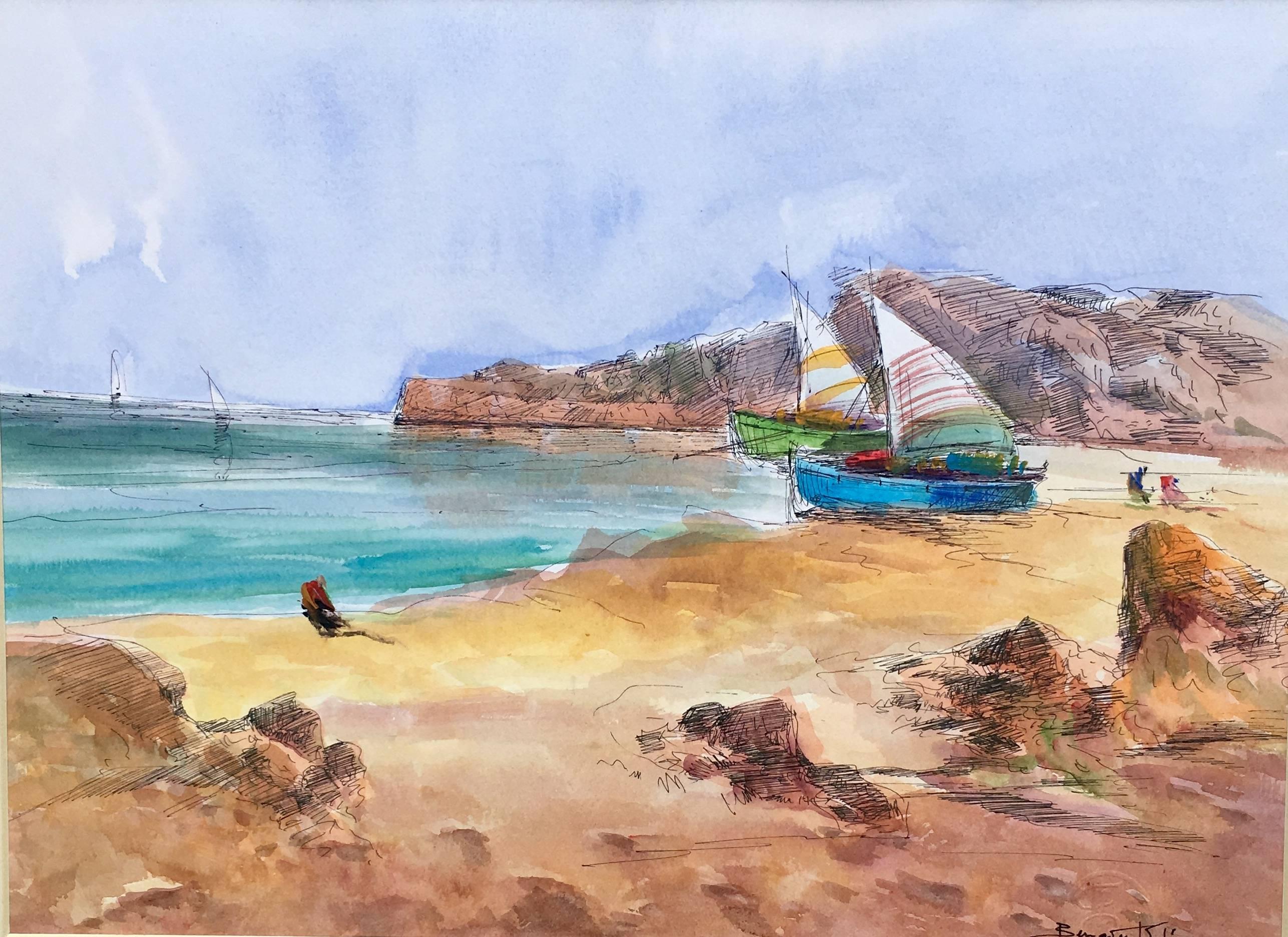 Benavente Solis.  Beach.   Mallorca- original expressionist watercolor For Sale 1