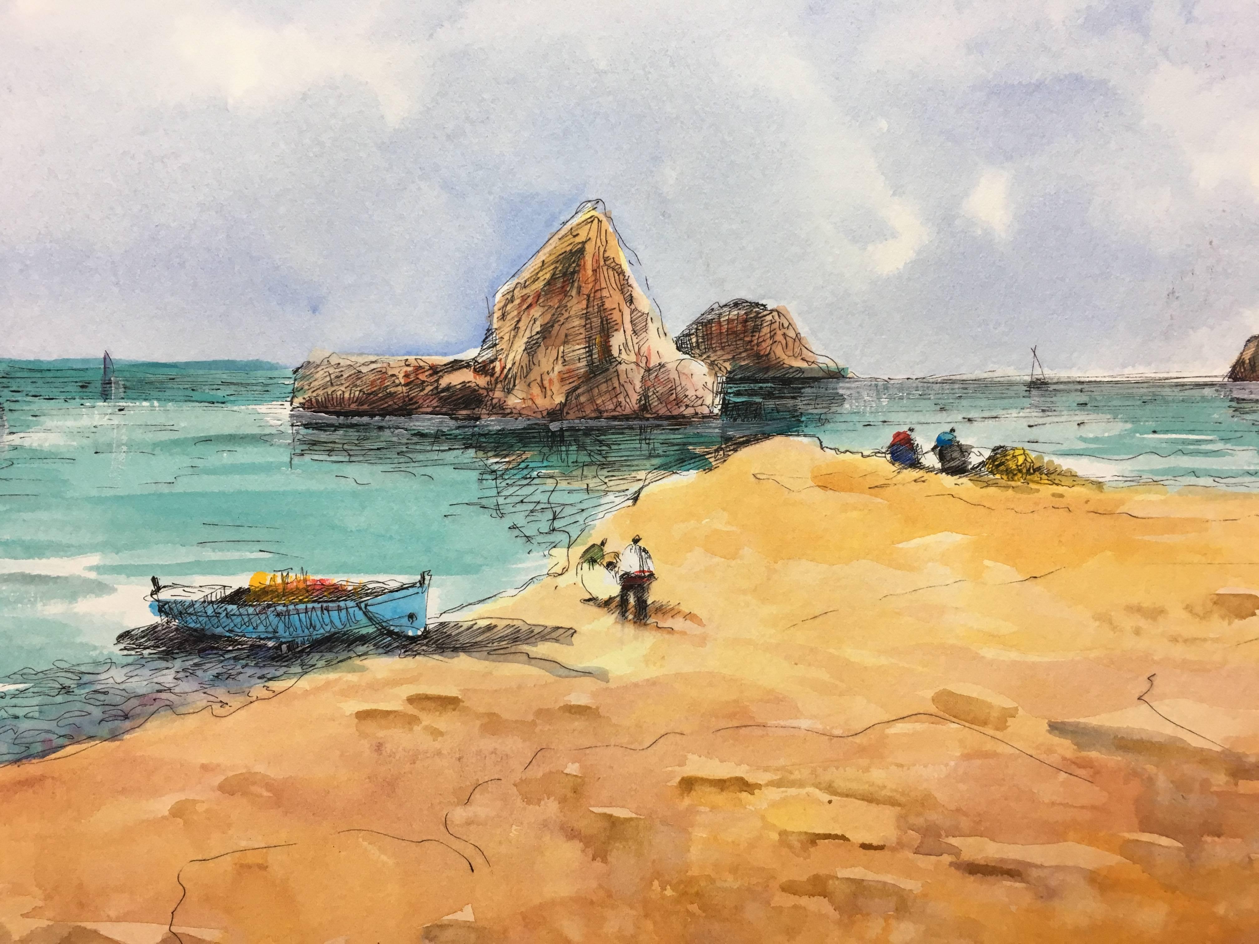 Benavente Solís   Coast  BeachB original figuratif acrylic painting - Gray Landscape Painting by Benavente Solis