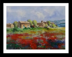 Benavente Solís   Paisaje verde  Amapolas  Casa en el campo  original