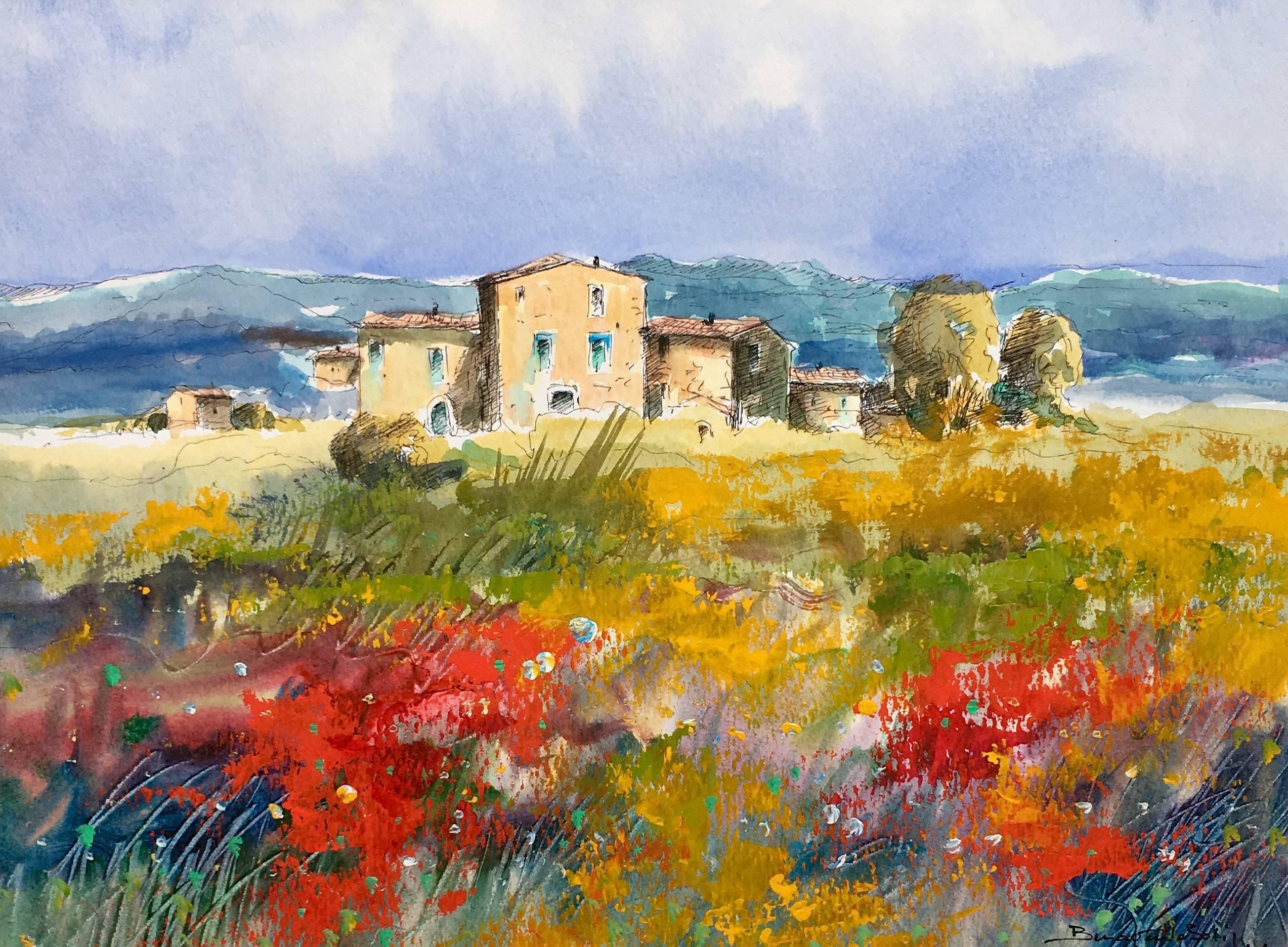 Benavente Solís   Coquelicots  Rouge  Paysage vert original  peinture - Painting de Benavente Solis
