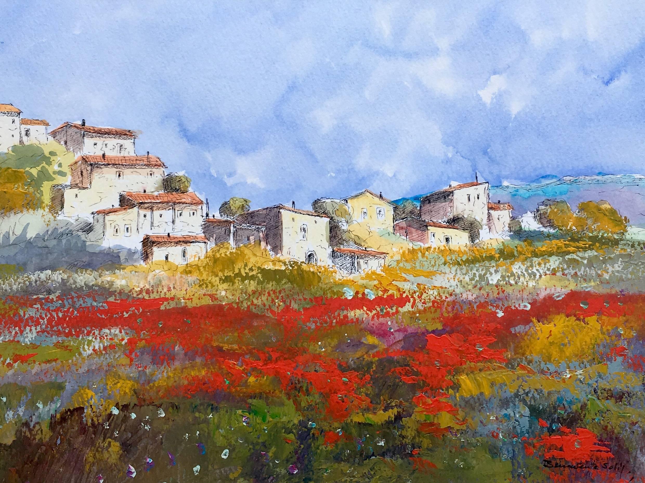 Benaavente Solis.  home. field. poppies.  Mallorca- original expressionist  - Painting by Benavente Solis