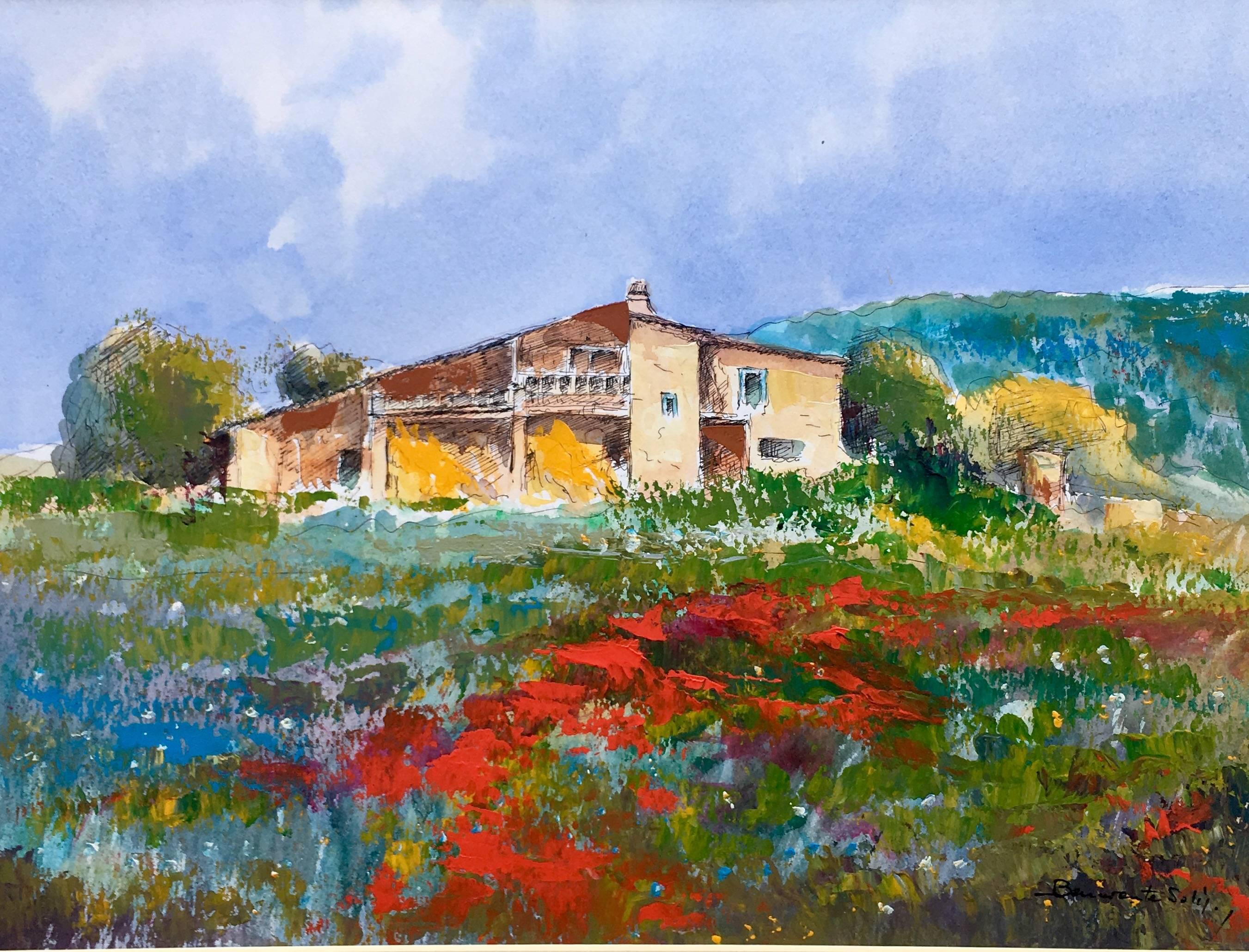 Benavente Solís  Poppies Red  Green  Home. Field.   Mallorca-  expressionist  - Painting by Benavente Solis
