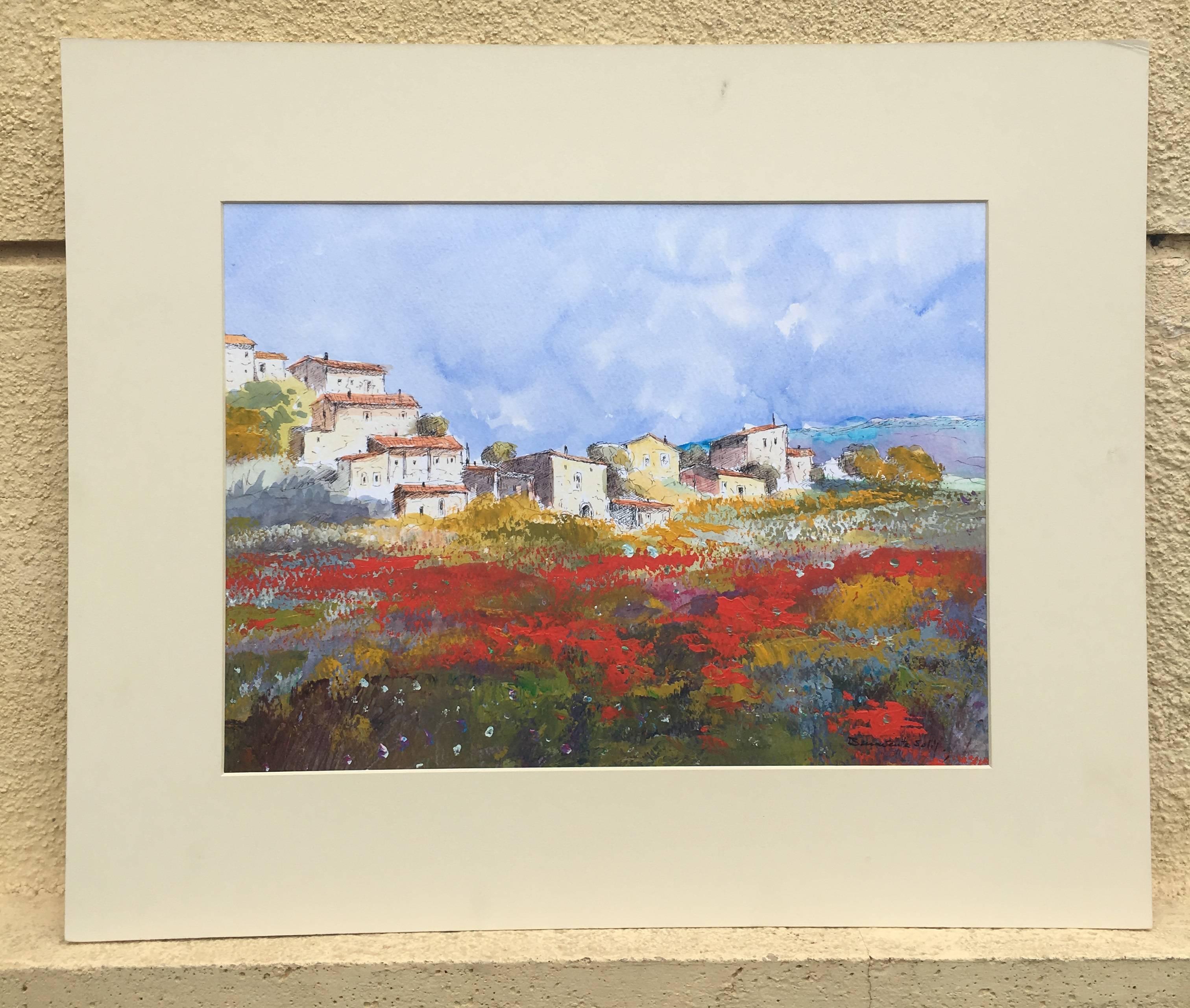 home. field. poppies.  Mallorca- original expressionist watercolor painting - Expressionist Painting by Benavente Solis