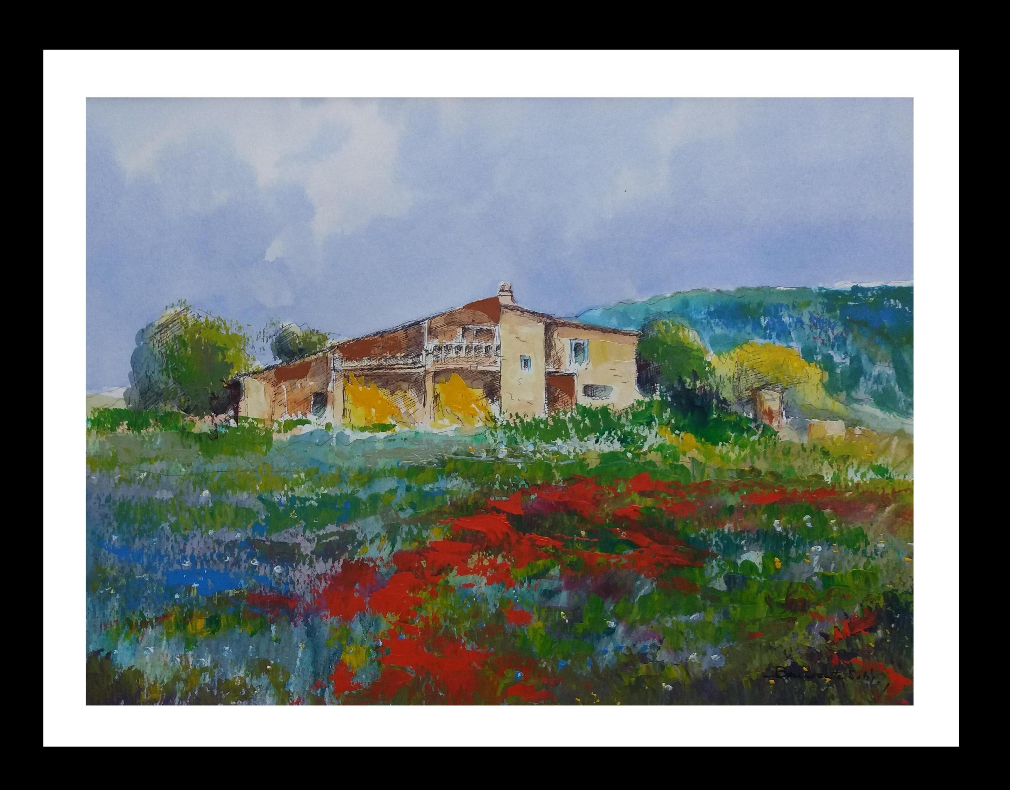 Benavente Solis Landscape Painting - Benavente Solís  Poppies Red  Green  Home. Field.   Mallorca-  expressionist 