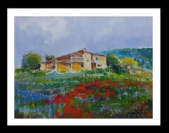 home. field. poppies.  Mallorca- original expressionist watercolor painting