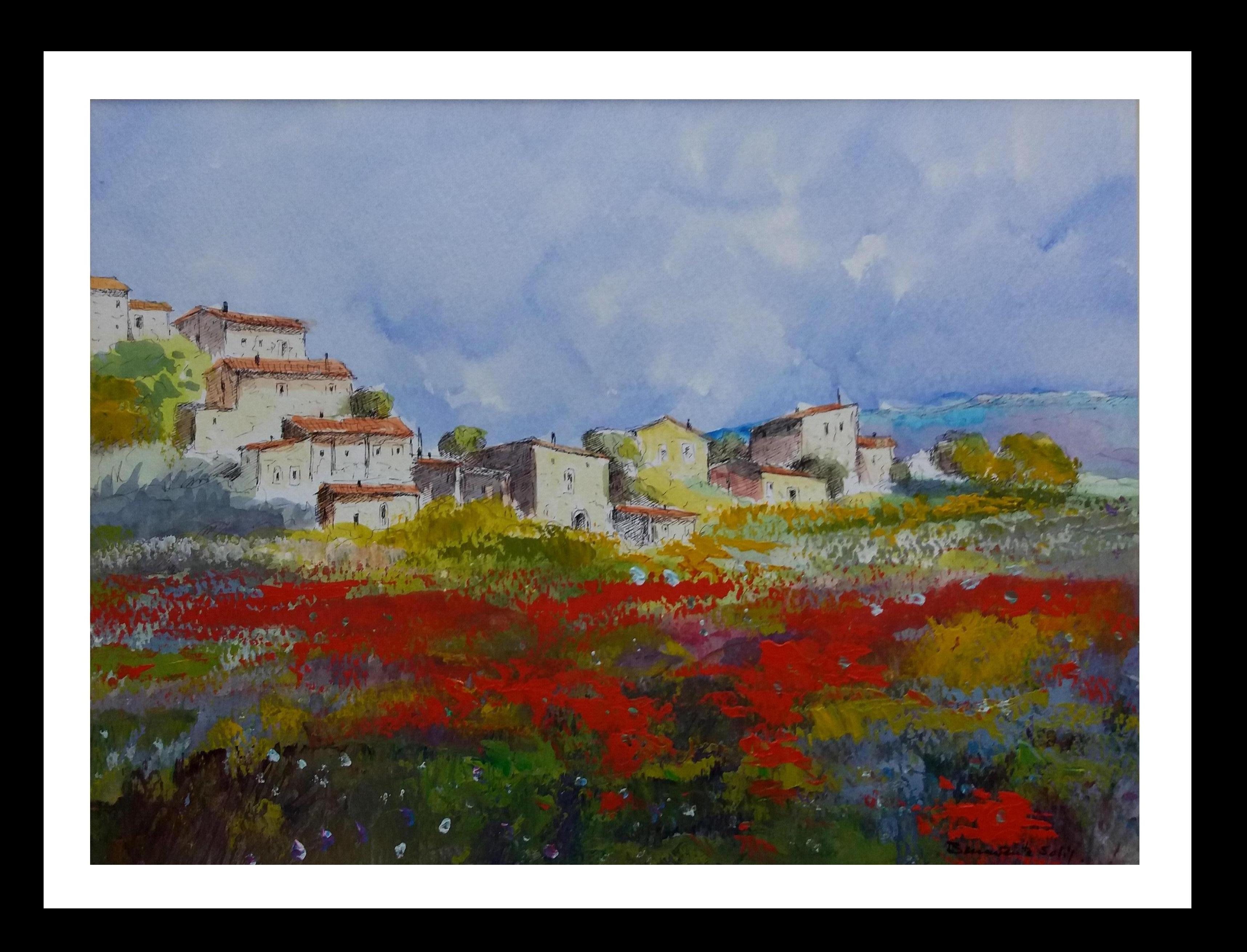 home. field. poppies.  Mallorca- original expressionist watercolor painting