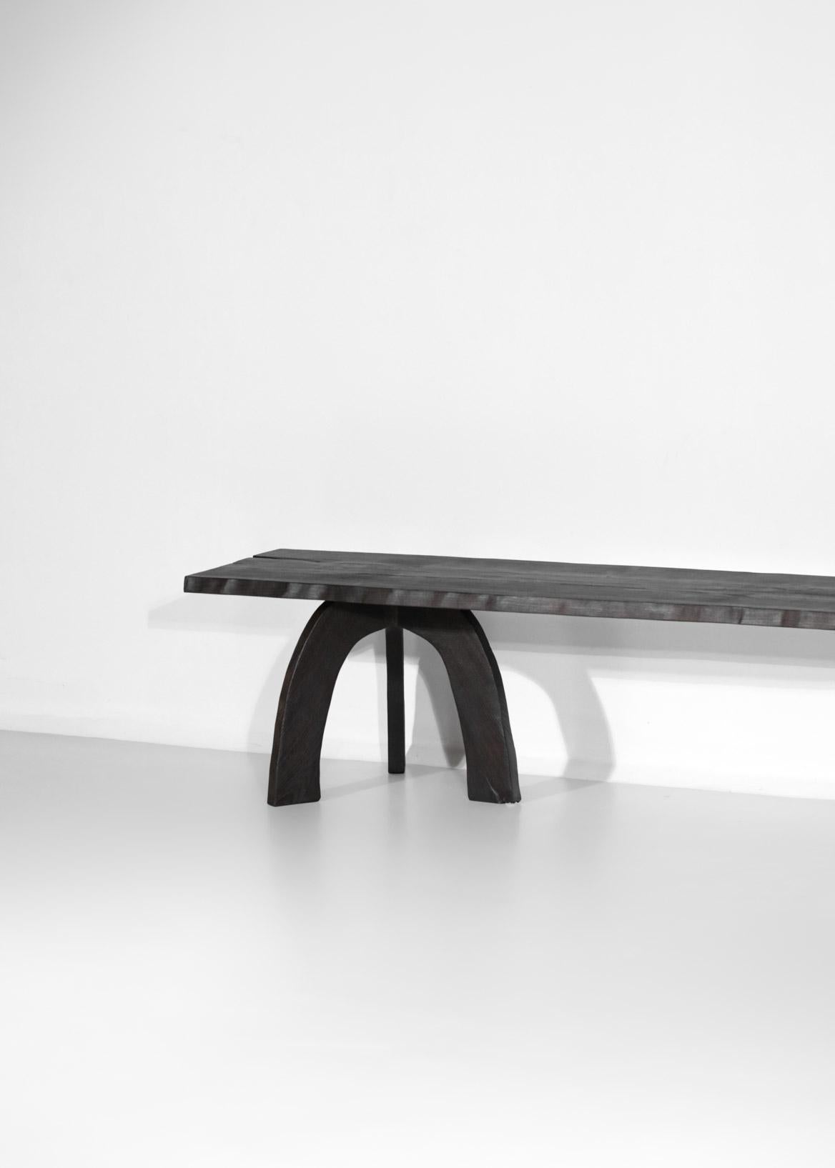 French Bench 80/20 by Vincent Vincent in Burnt Wood Ethnic Brutalist For Sale