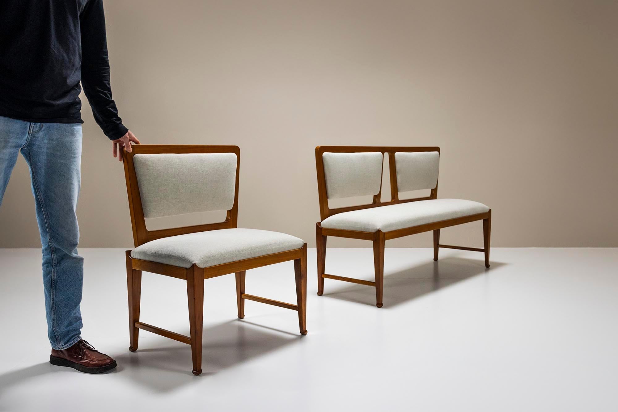 Italian Bench And Side Chair In Cherry Wood And Off-White Upholstery, Italy 1950's For Sale