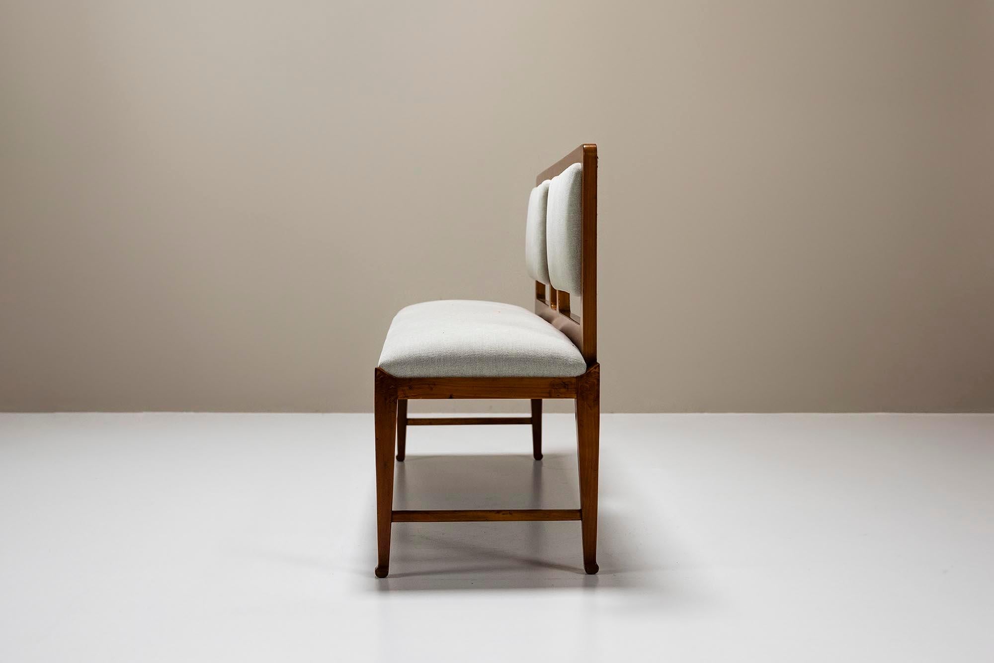 Mid-20th Century Bench And Side Chair In Cherry Wood And Off-White Upholstery, Italy 1950's For Sale