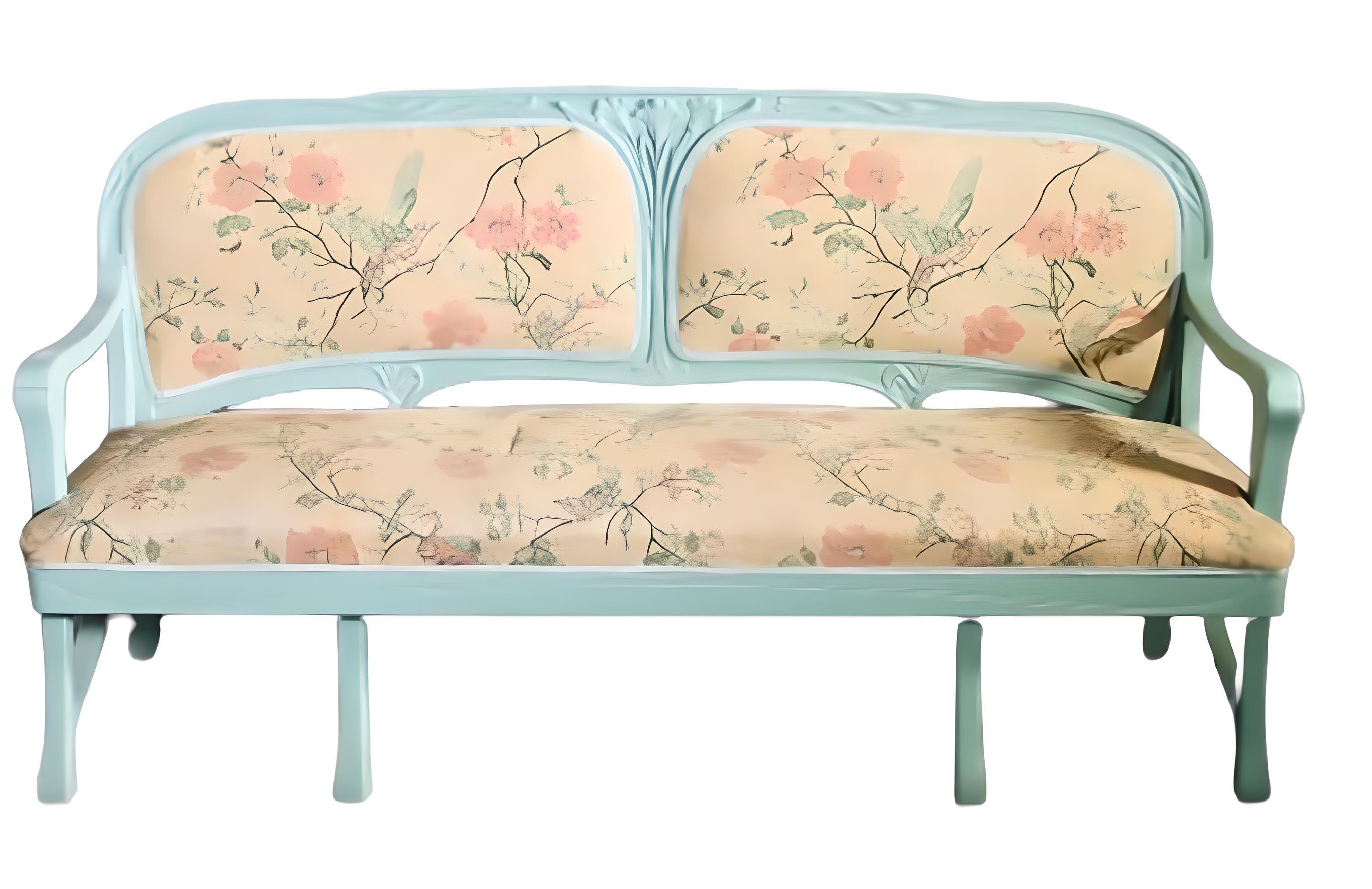 Canapé peint Art Nouveau avec tapisserie florale, vers 1900
Un charmant canapé Art Nouveau avec son cadre en bois sculpté d'origine, peint dans un doux vert céladon. Le design est rehaussé par des motifs organiques au niveau de la barre de faîte,