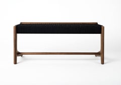 Freitragende Bank, Mid-Century-Stil, Nussbaum, dänische Kordel, Gewebe, Halbedelung