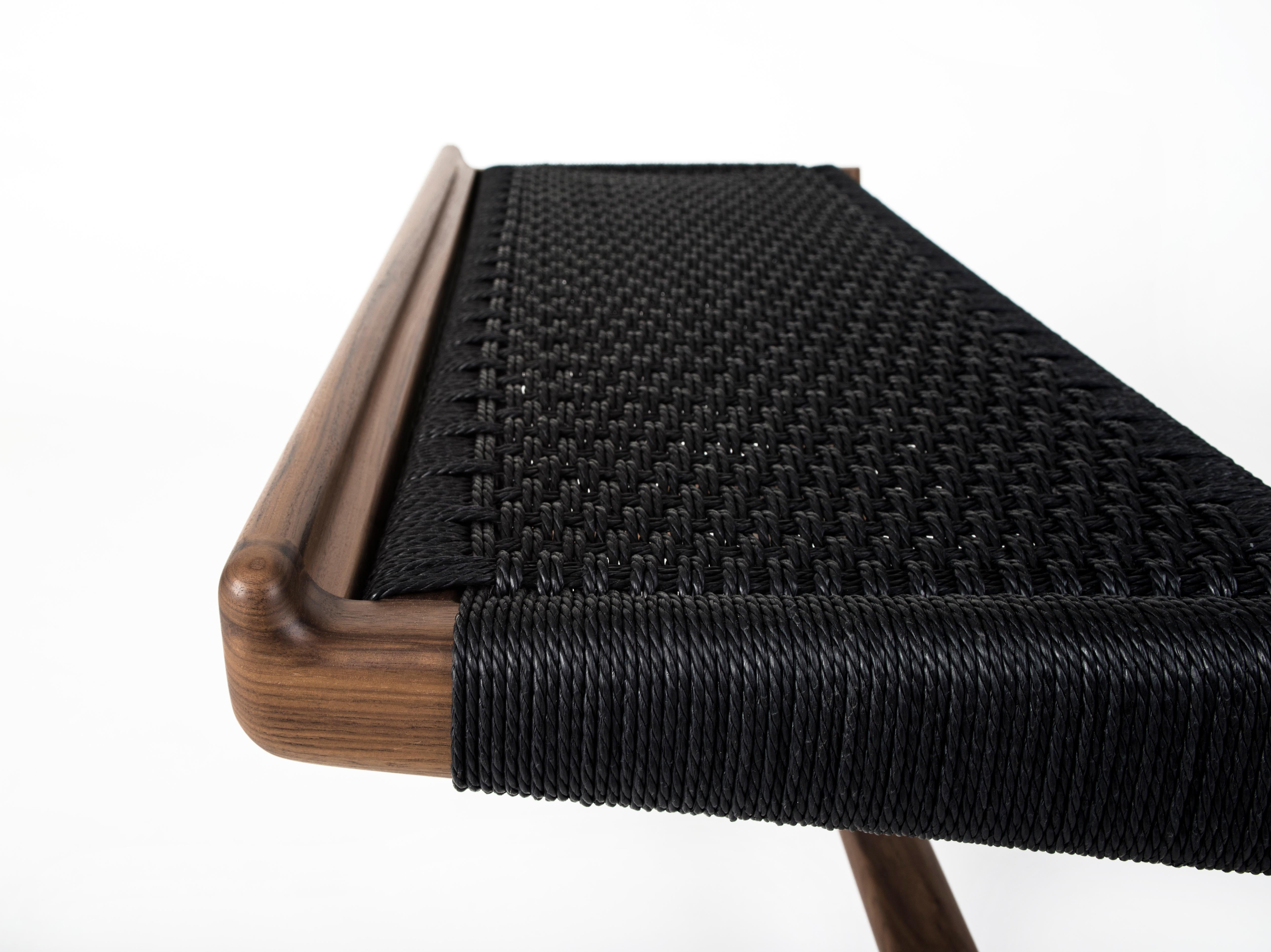 Hand-Crafted Bench, Cantilever, Mid Century-Style, Walnut, Danish Cord, Weave, Semigood For Sale