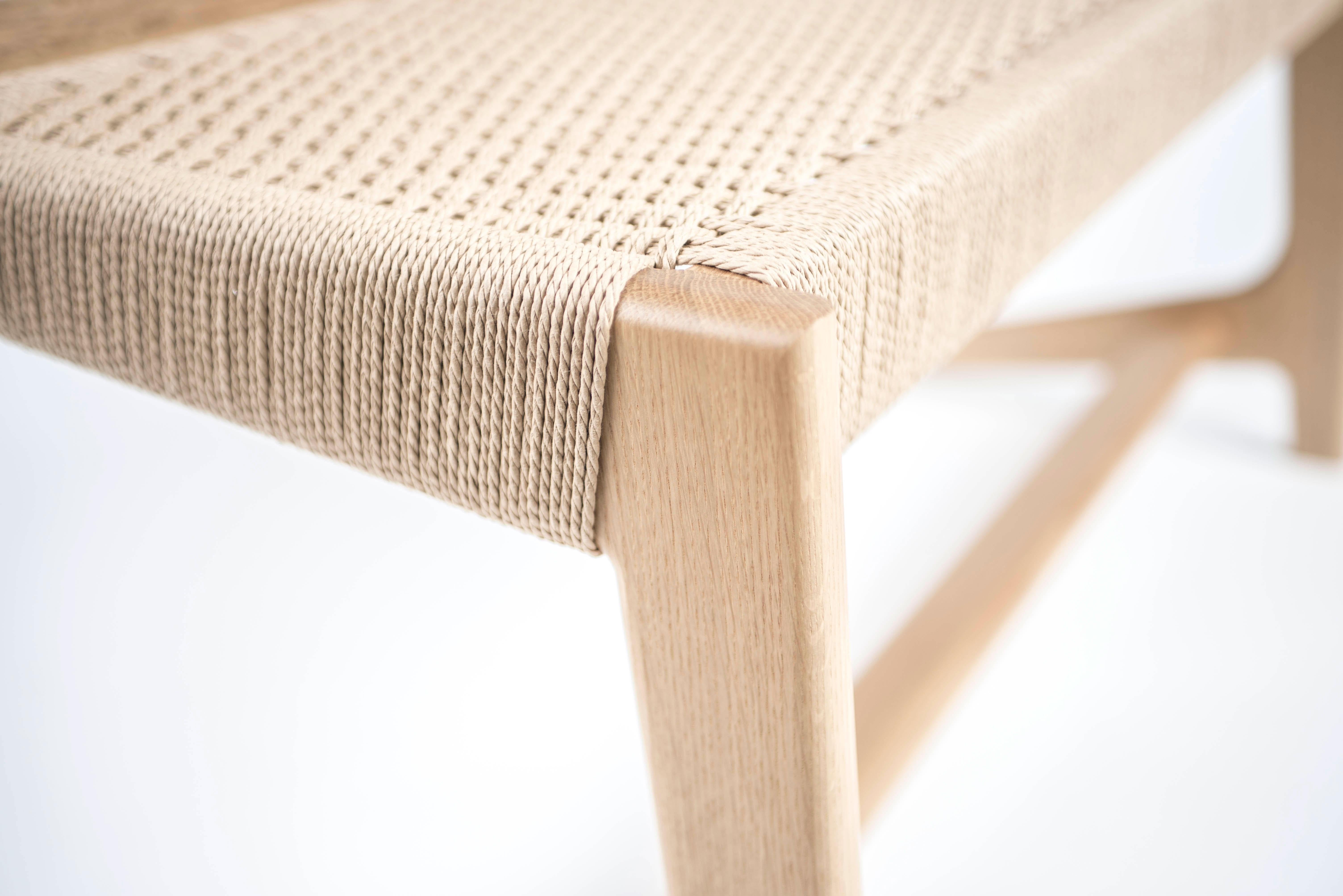 Hand-Crafted Bench, Cantilever, White Oak, Woven Danish Cord, Mid Century, Hardwood, Semigood