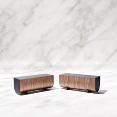 Contemporary Walnut and Gray Leather Bench - CATERPILLER Bench
