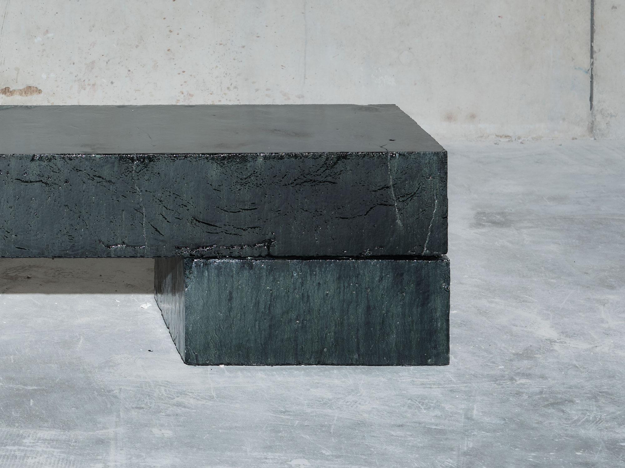 Cast Bench ceramic contemporary glaze green black square organic  For Sale