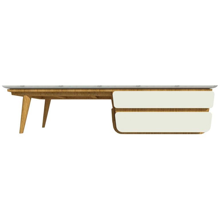 Italian Bench Coffee Table M02 Contemporary Lacquer White Oak Marble Top Made in Italy For Sale