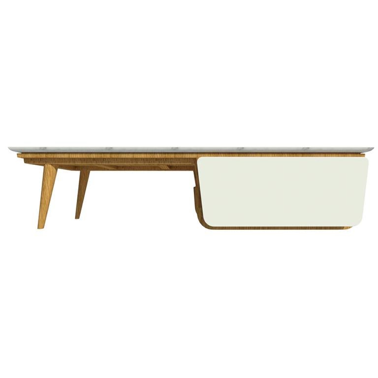 Bench Coffee Table M02 Contemporary Lacquer White Oak Marble Top Made in Italy For Sale 1