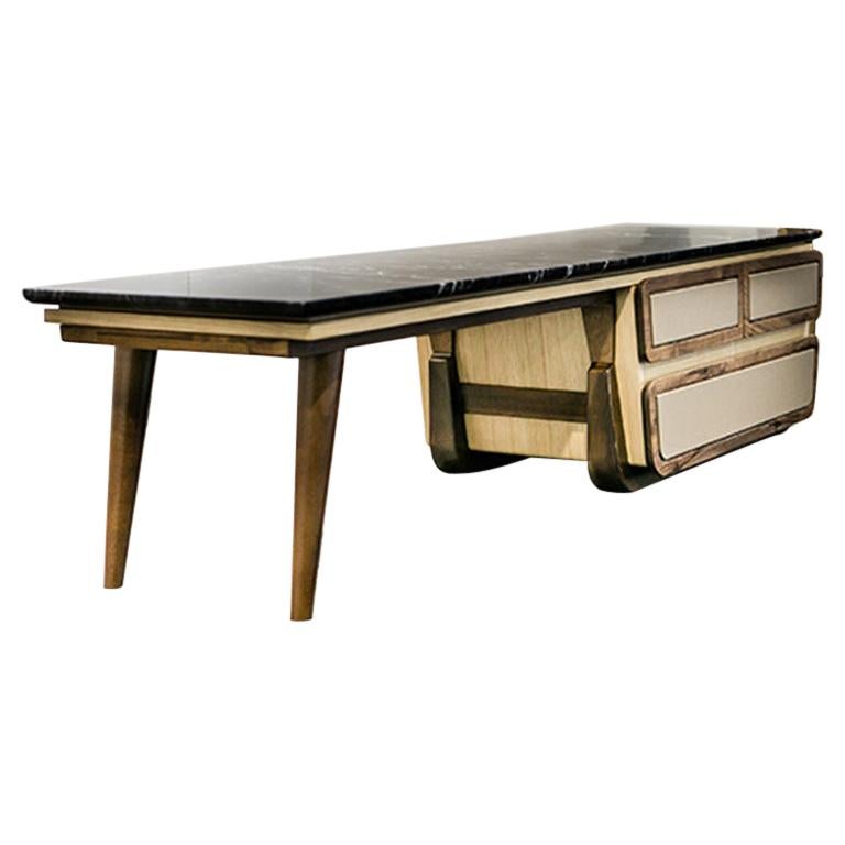 Bench Coffee Table M03 Contemporary Walnut Oak Marble Countertop Made in Italy For Sale