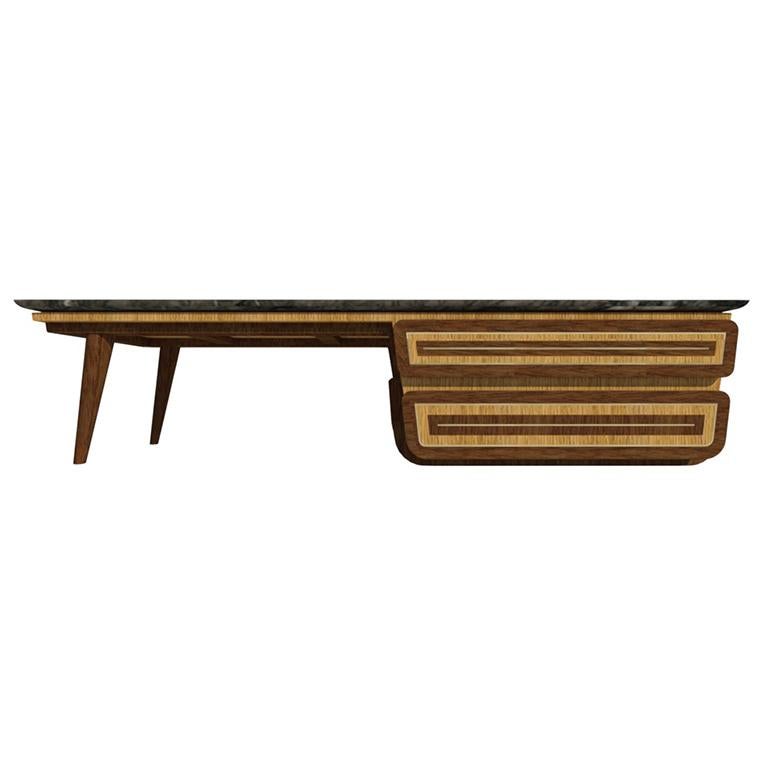 Italian Bench Coffee Table M05 Contemporary Walnut Oak Brass Marble Top Made in Italy For Sale