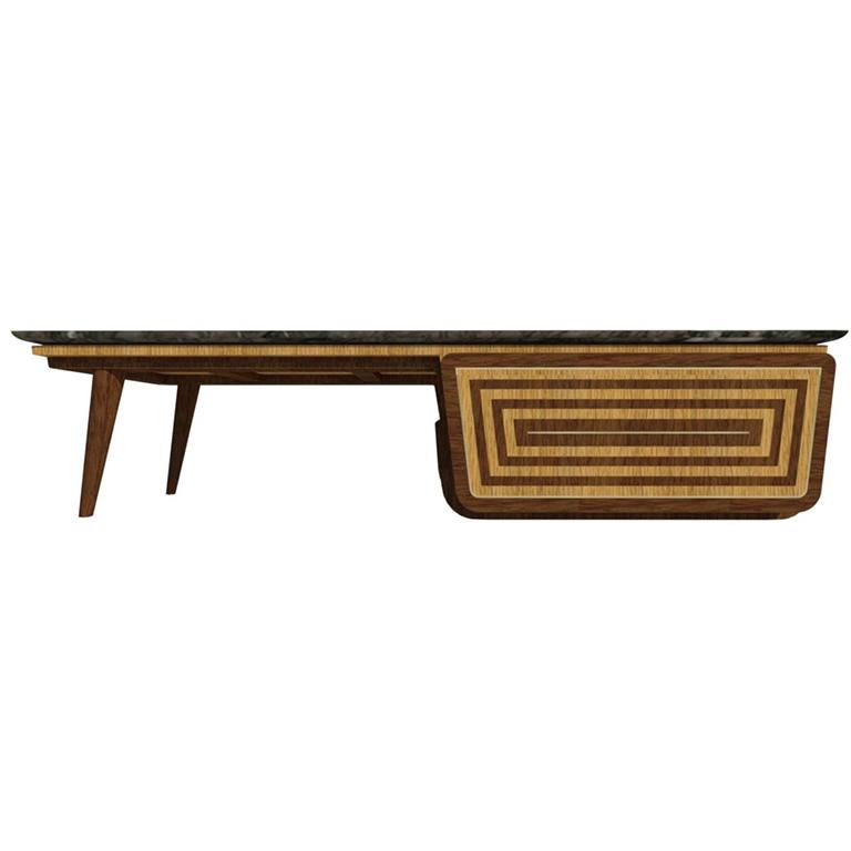 Bench Coffee Table M05 Contemporary Walnut Oak Brass Marble Top Made in Italy For Sale 1