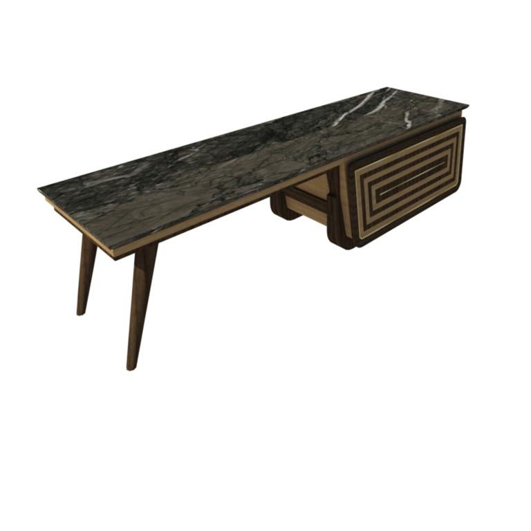 Bench Coffee Table M05 Contemporary Walnut Oak Brass Marble Top Made in Italy For Sale 3