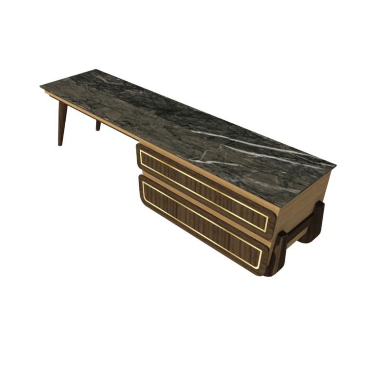 Brushed Bench Coffee Table M06 Contemporary Walnut Oak Brass Marble Top Made in Italy For Sale