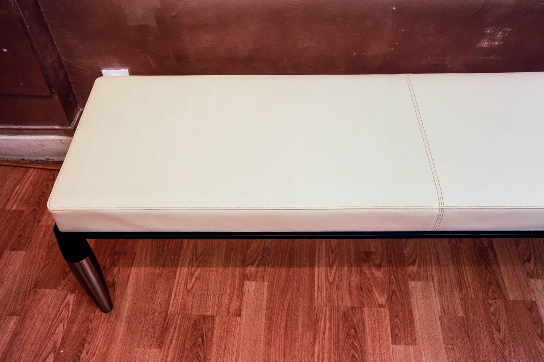 Italian Bench Covered with White Leather, Feet in Wood and Metal Signed, “Georgetti”
