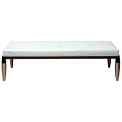 Bench Covered with White Leather, Feet in Wood and Metal Signed, “Georgetti”