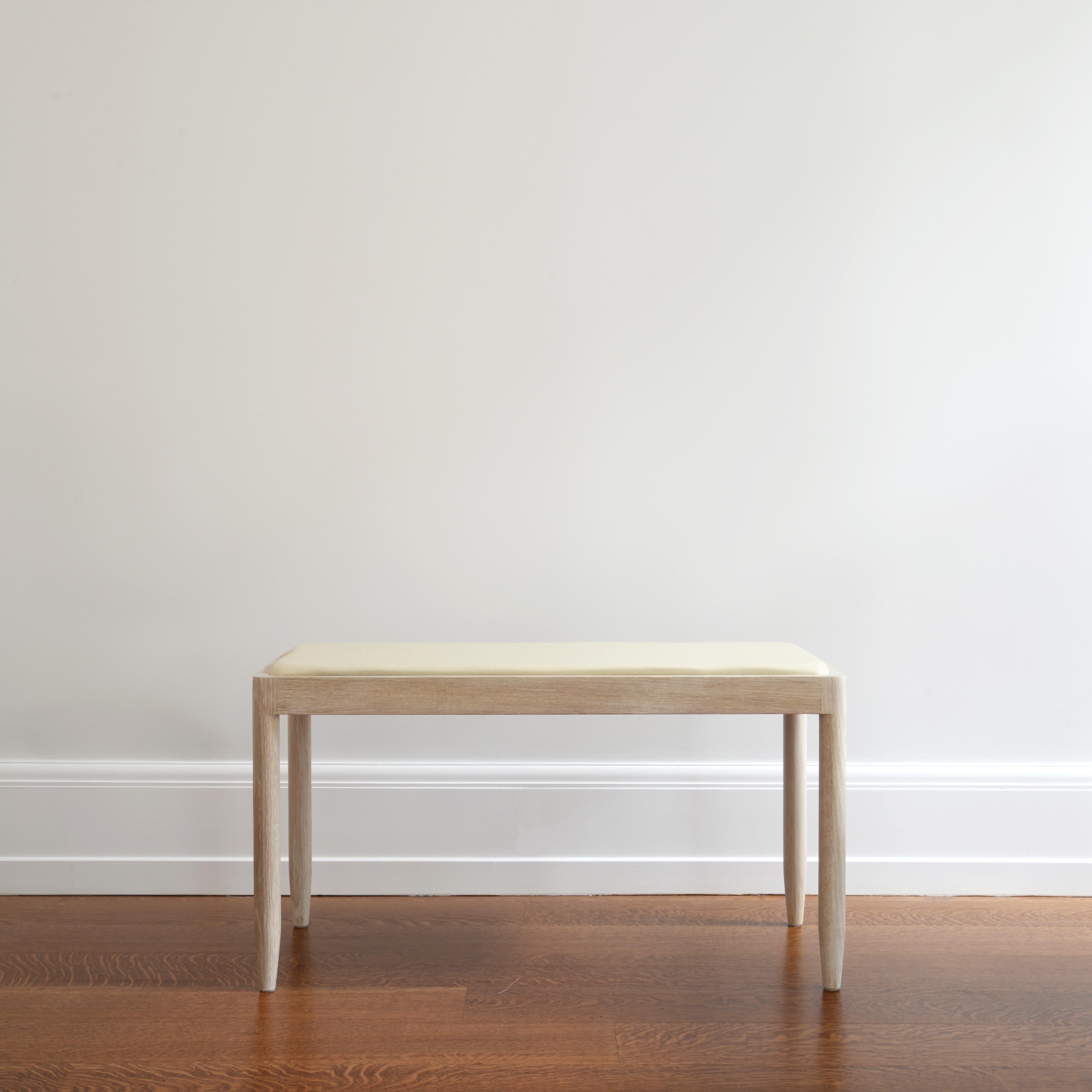 Arts and Crafts Modern  Leather Upholstered Bench in Bleached White Oak by Hachi Collections For Sale