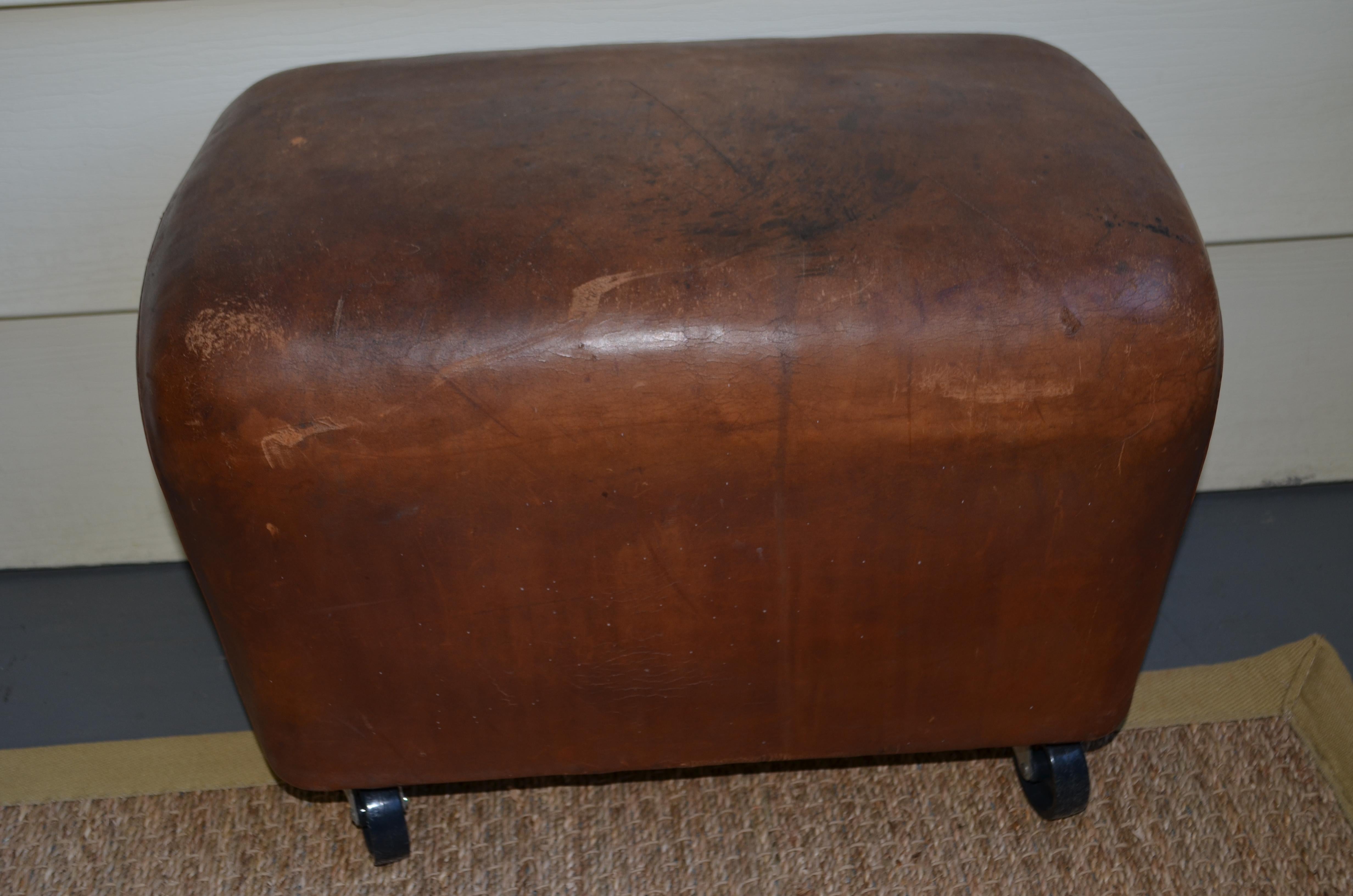 Bench, Footrest, Seat from Leather Gymnast Goat Pommel, circa 1950, Added Wheels In Good Condition In Madison, WI