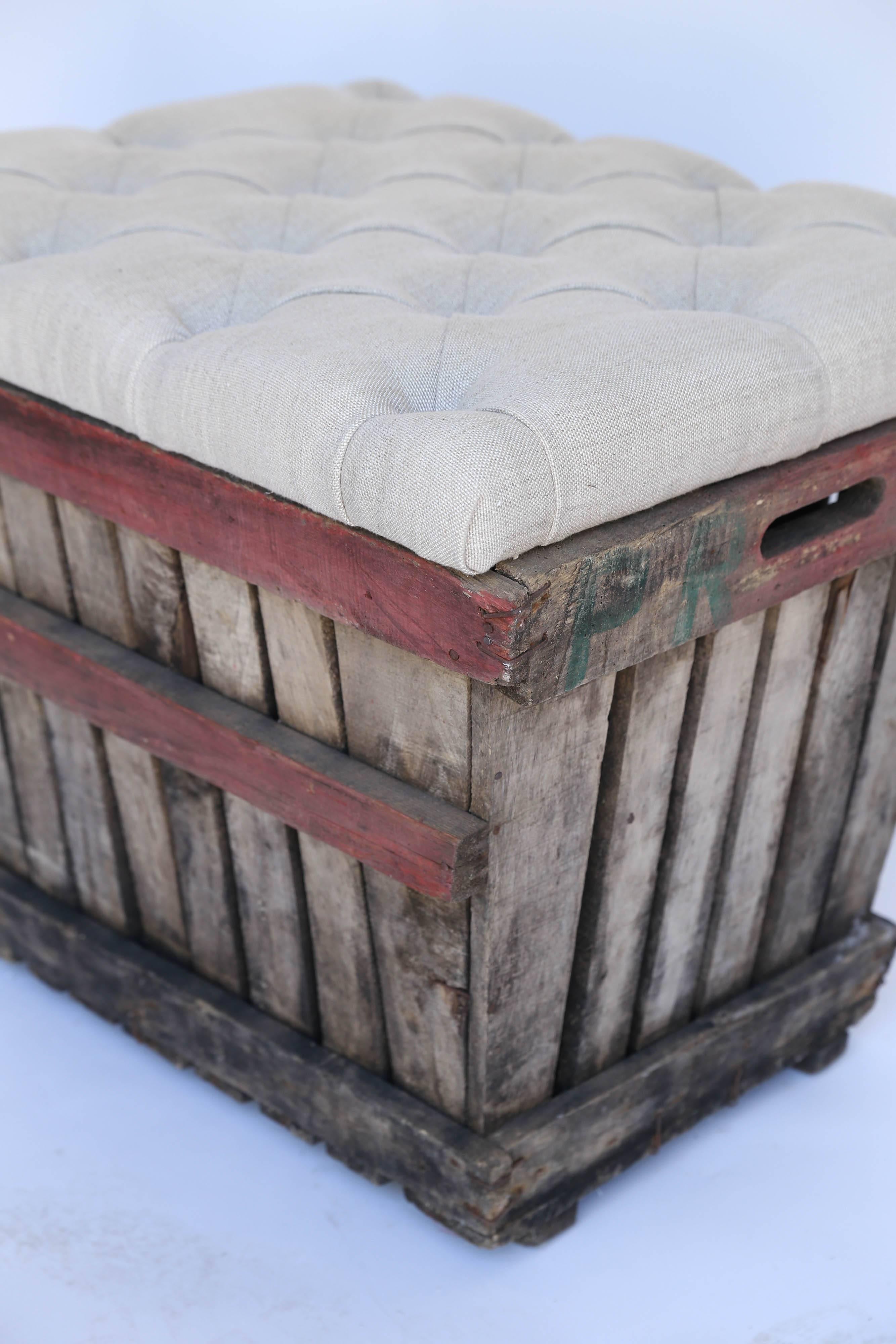 Bench from Grape Crate with Tufted Linen Top In Good Condition In Houston, TX