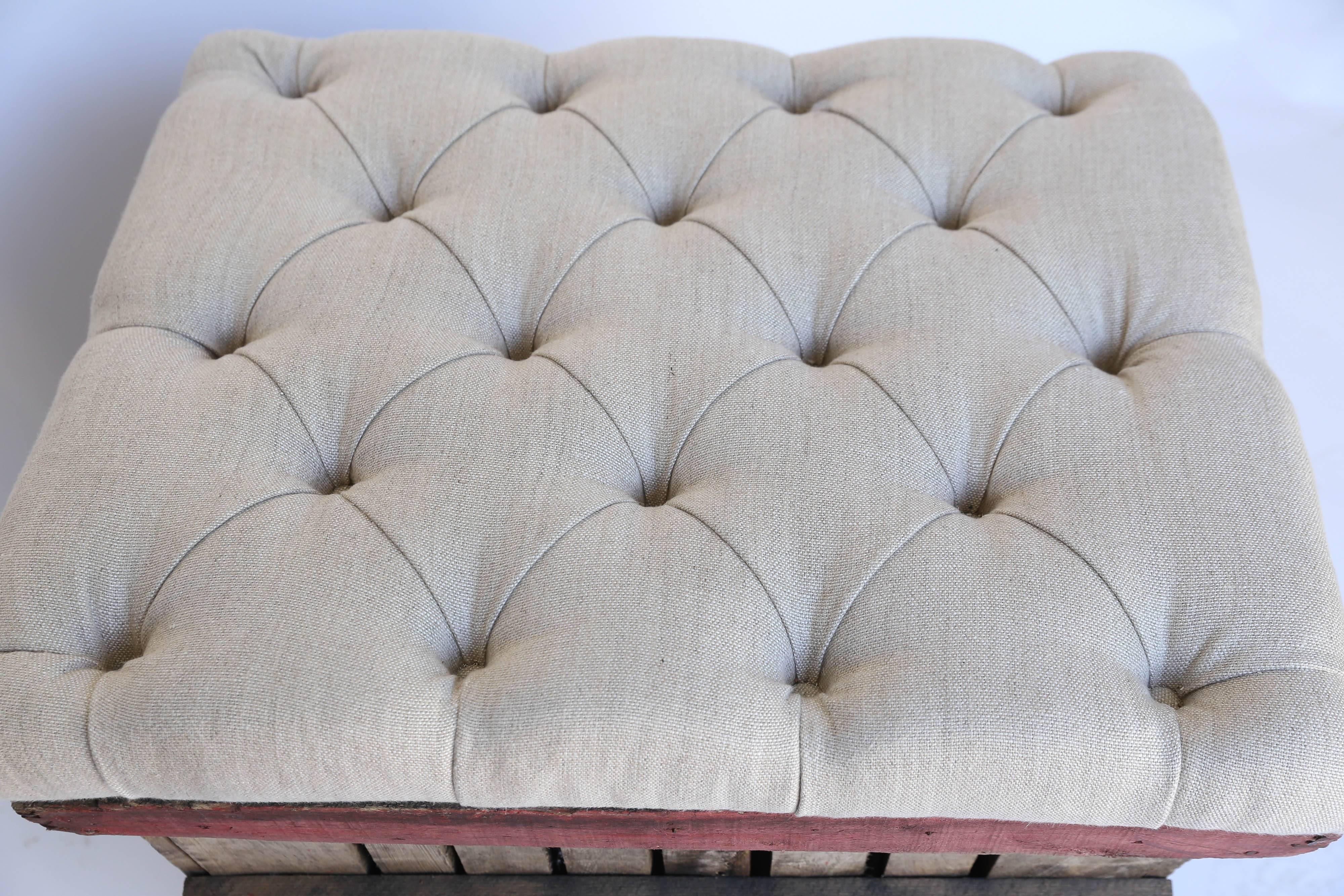 20th Century Bench from Grape Crate with Tufted Linen Top