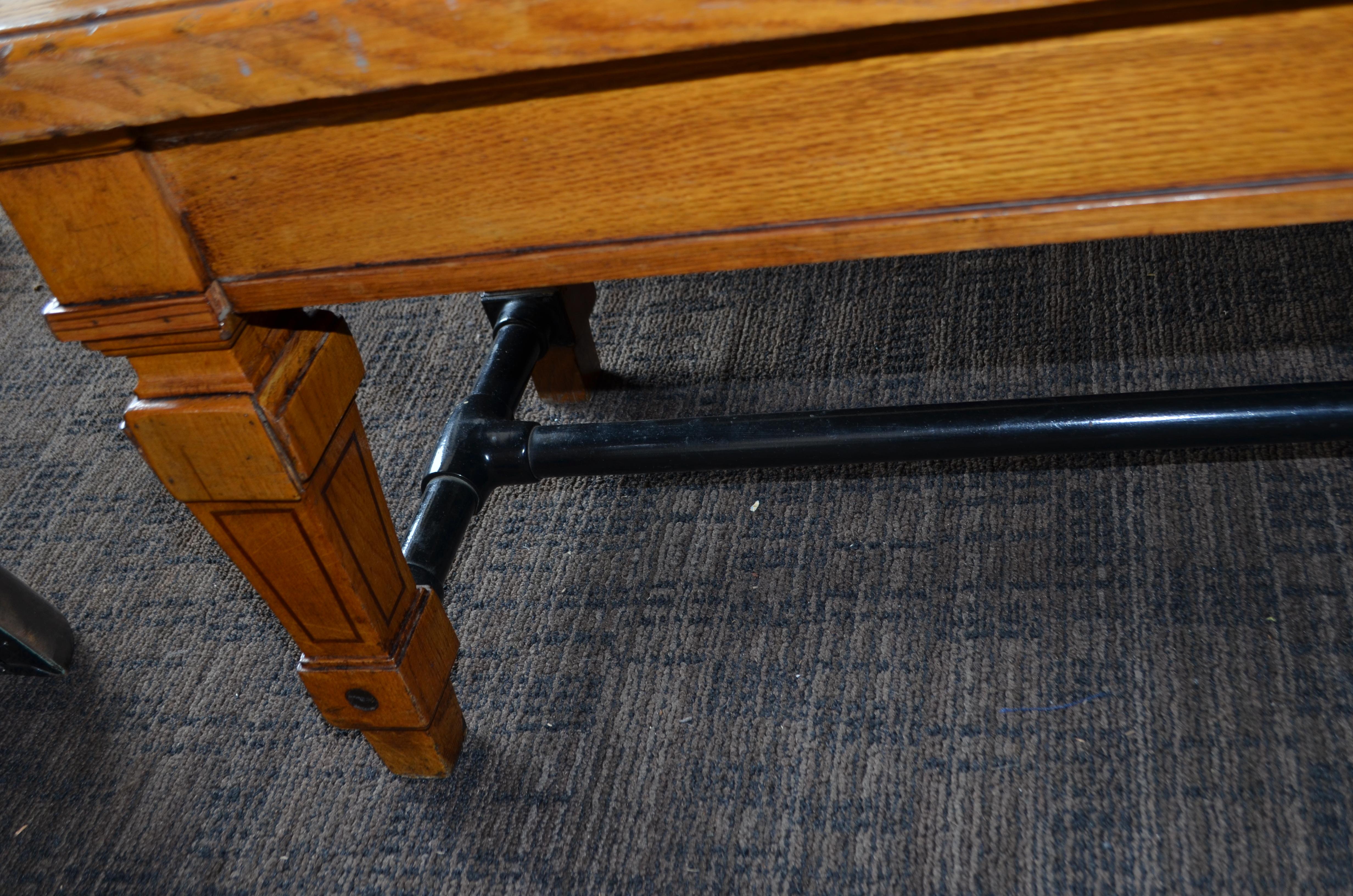 Bench from Parisian Bank, 1900s, Carved Legs and Oak Top with Steel Bar Supports For Sale 5