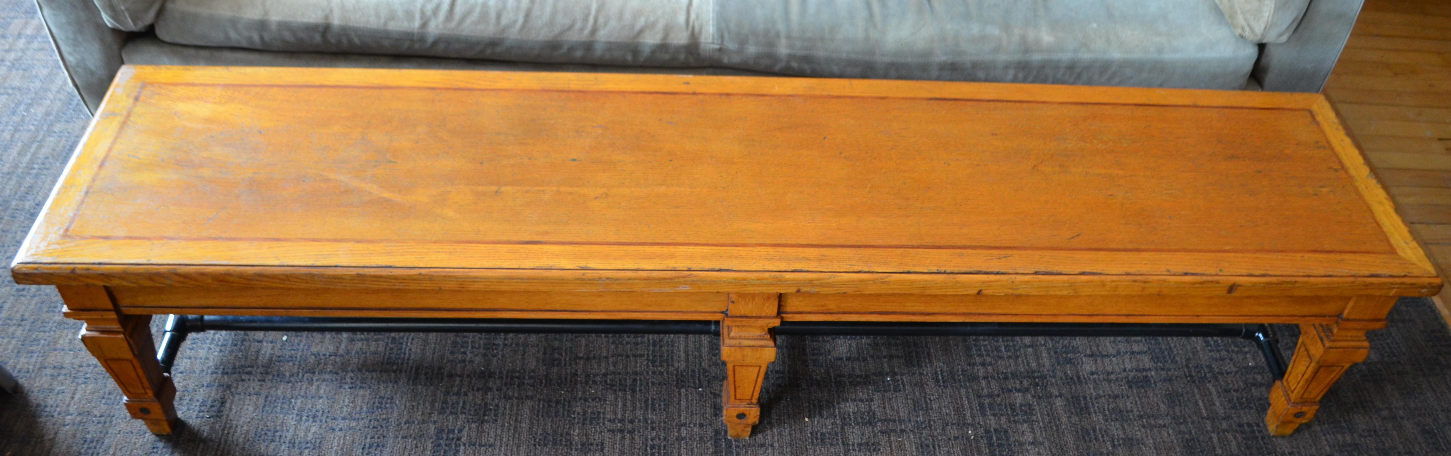 Bench from Parisian Bank, 1900s, Carved Legs and Oak Top with Steel Bar Supports For Sale 6