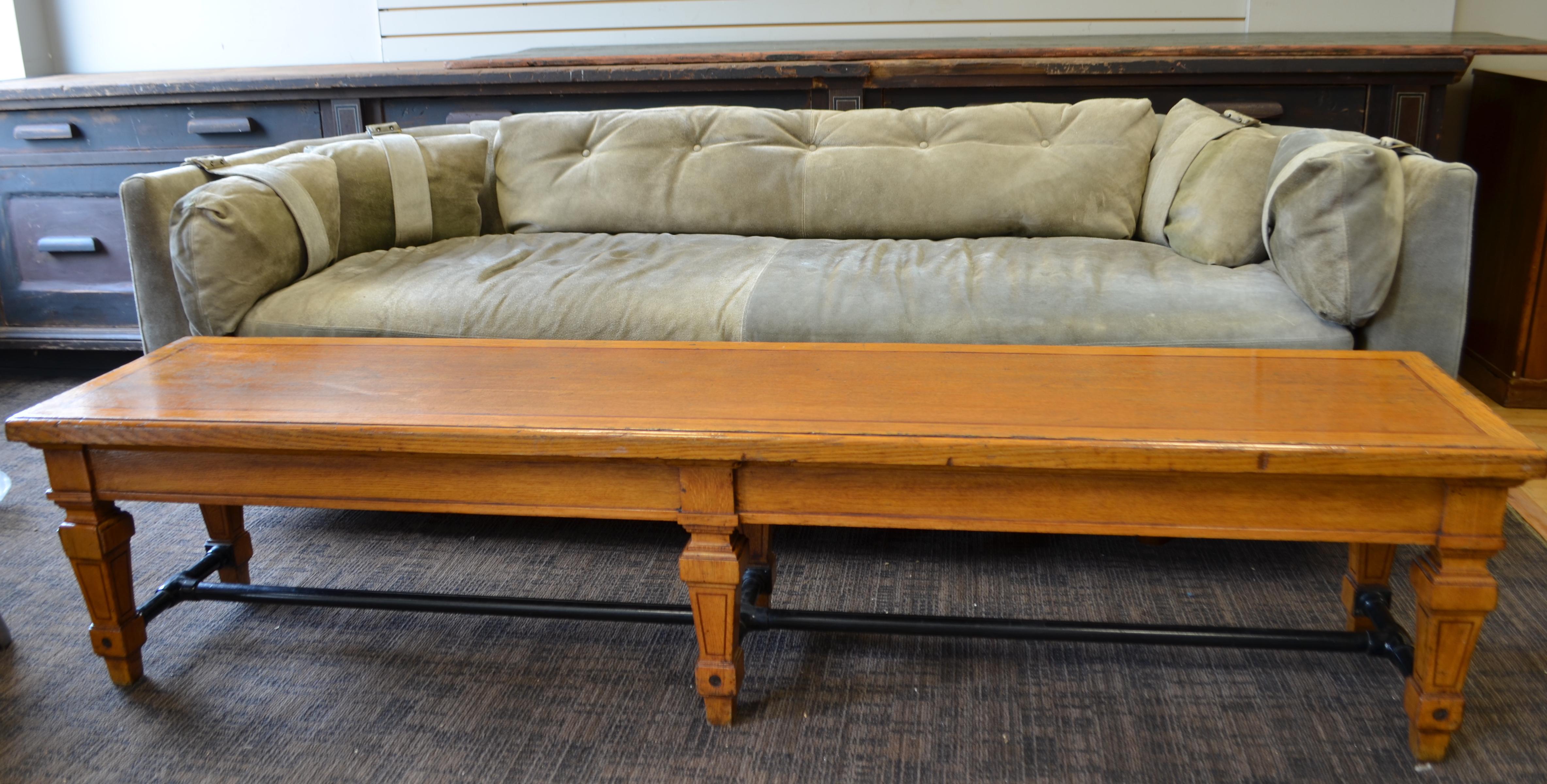 Edwardian Bench from Parisian Bank, 1900s, Carved Legs and Oak Top with Steel Bar Supports For Sale