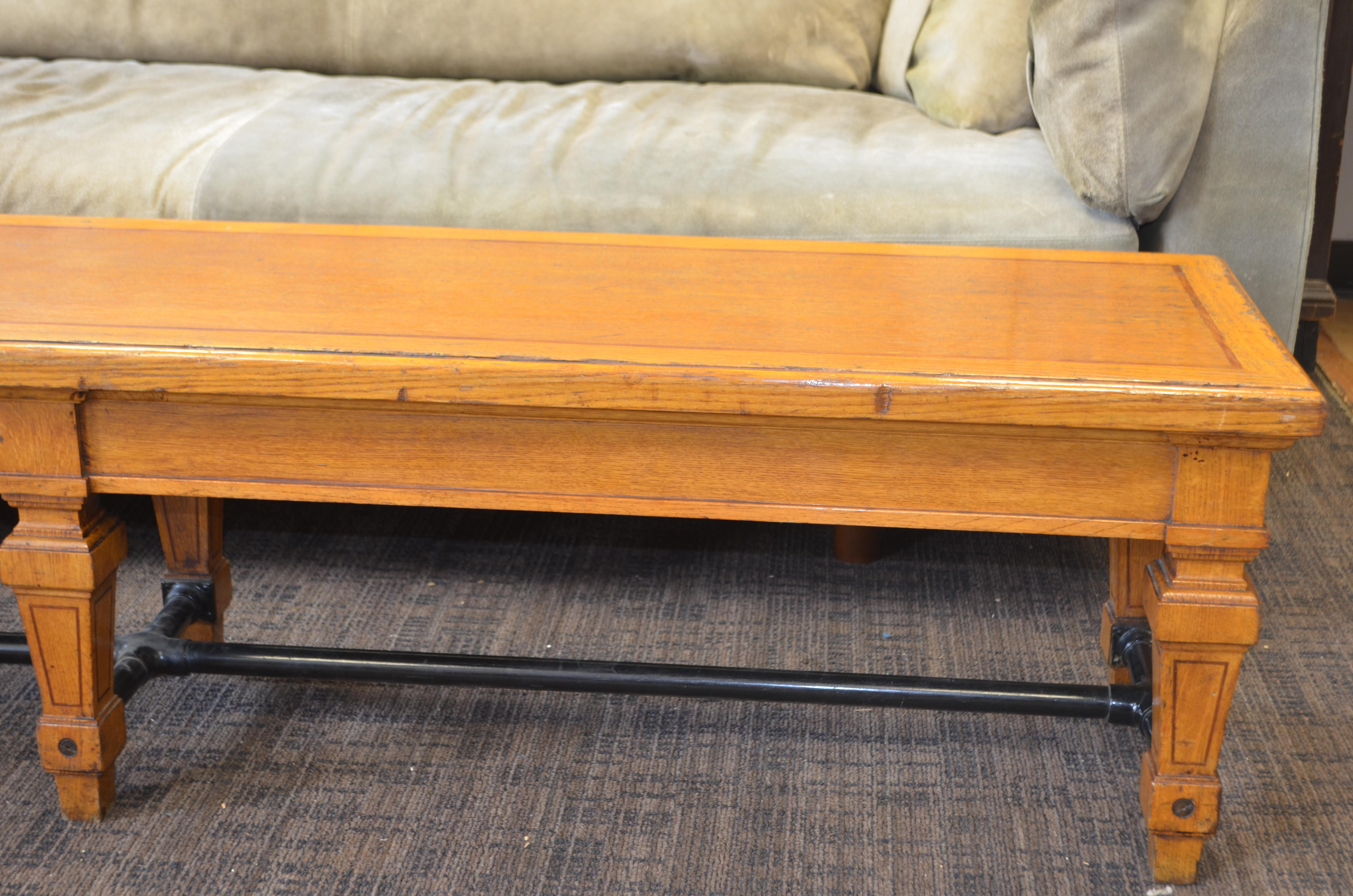 French Bench from Parisian Bank, 1900s, Carved Legs and Oak Top with Steel Bar Supports For Sale
