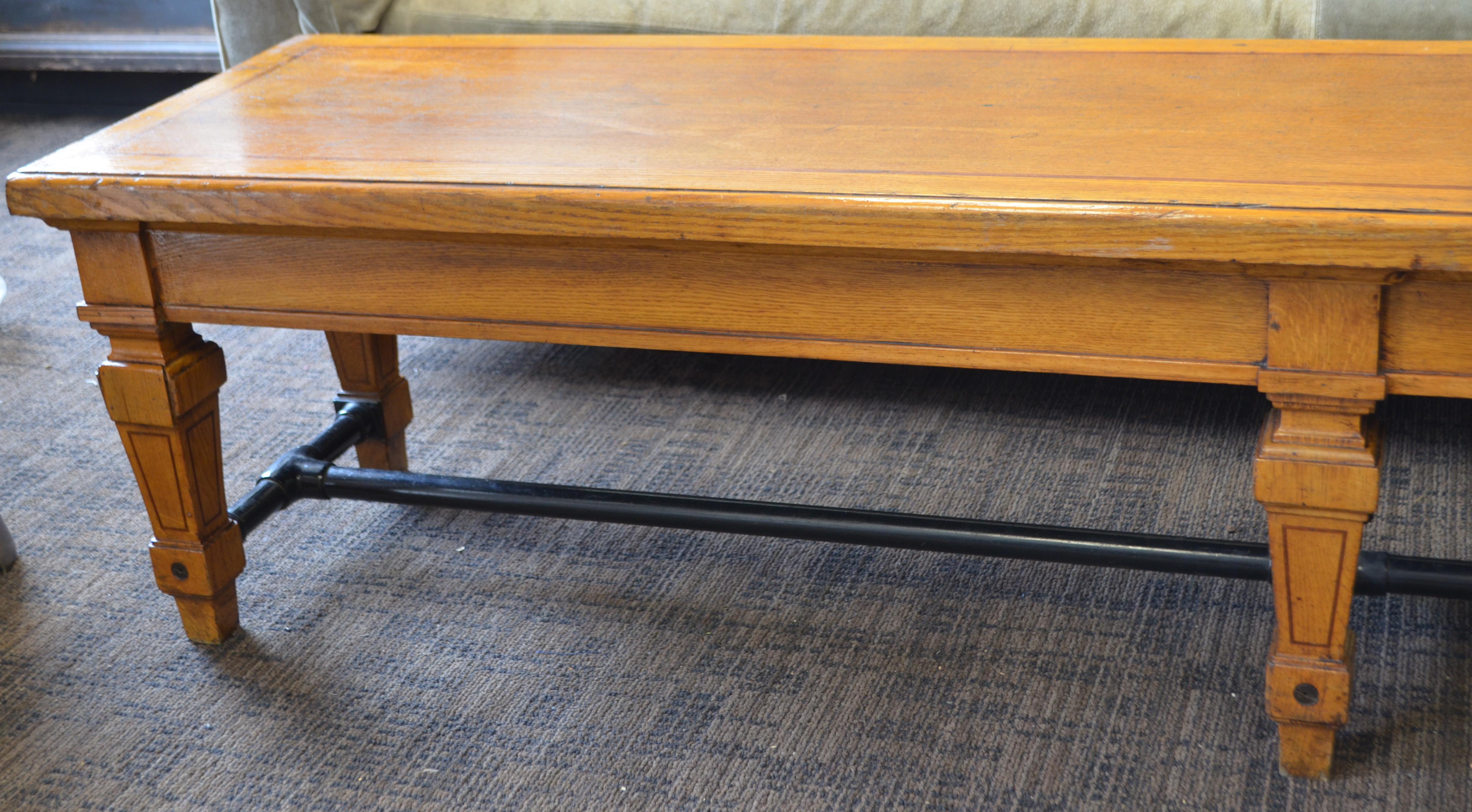 Bench from Parisian Bank, 1900s, Carved Legs and Oak Top with Steel Bar Supports In Good Condition For Sale In Madison, WI