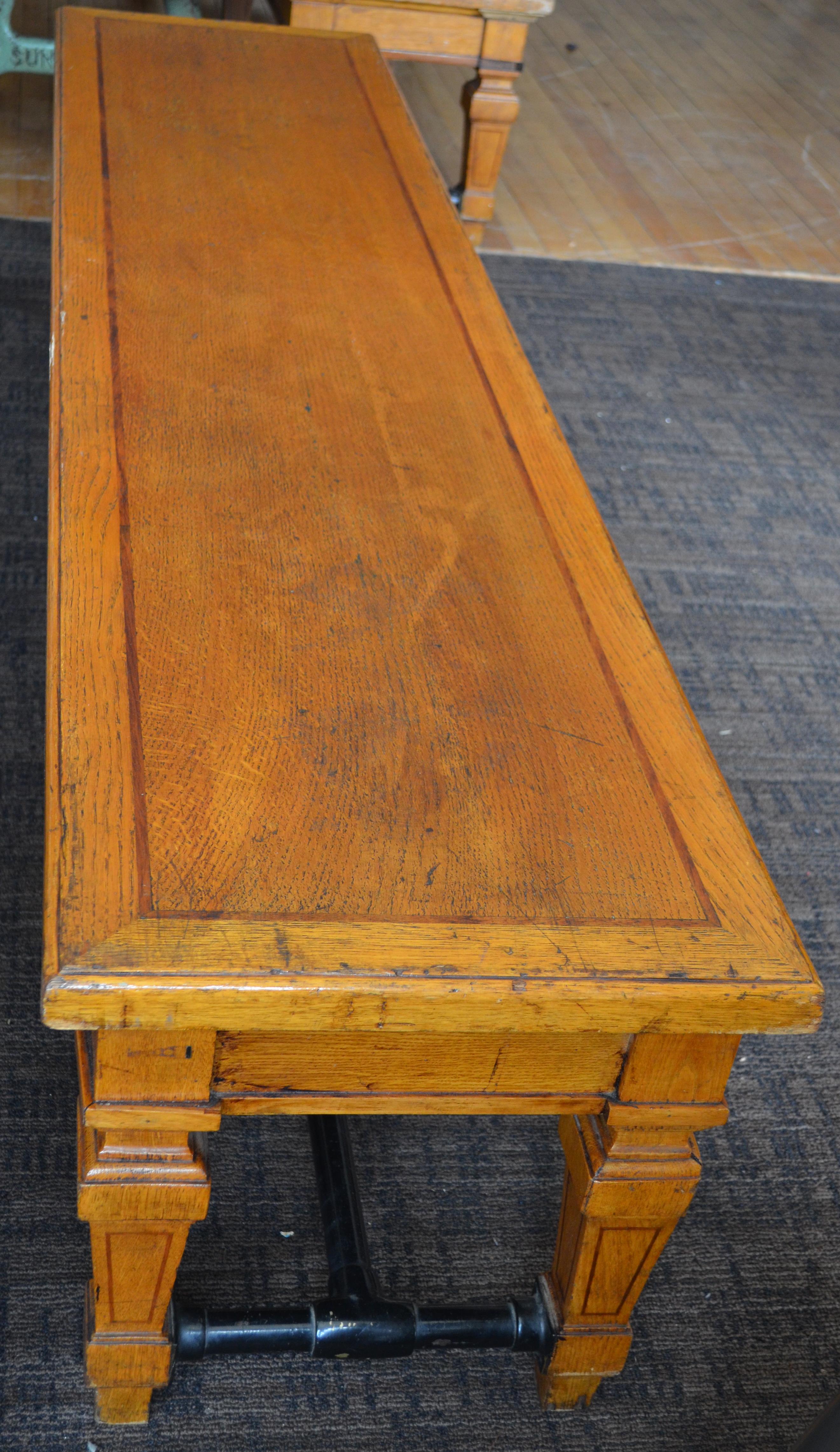 Paint Bench from Parisian Bank, 1900s, Carved Legs and Oak Top with Steel Bar Supports For Sale