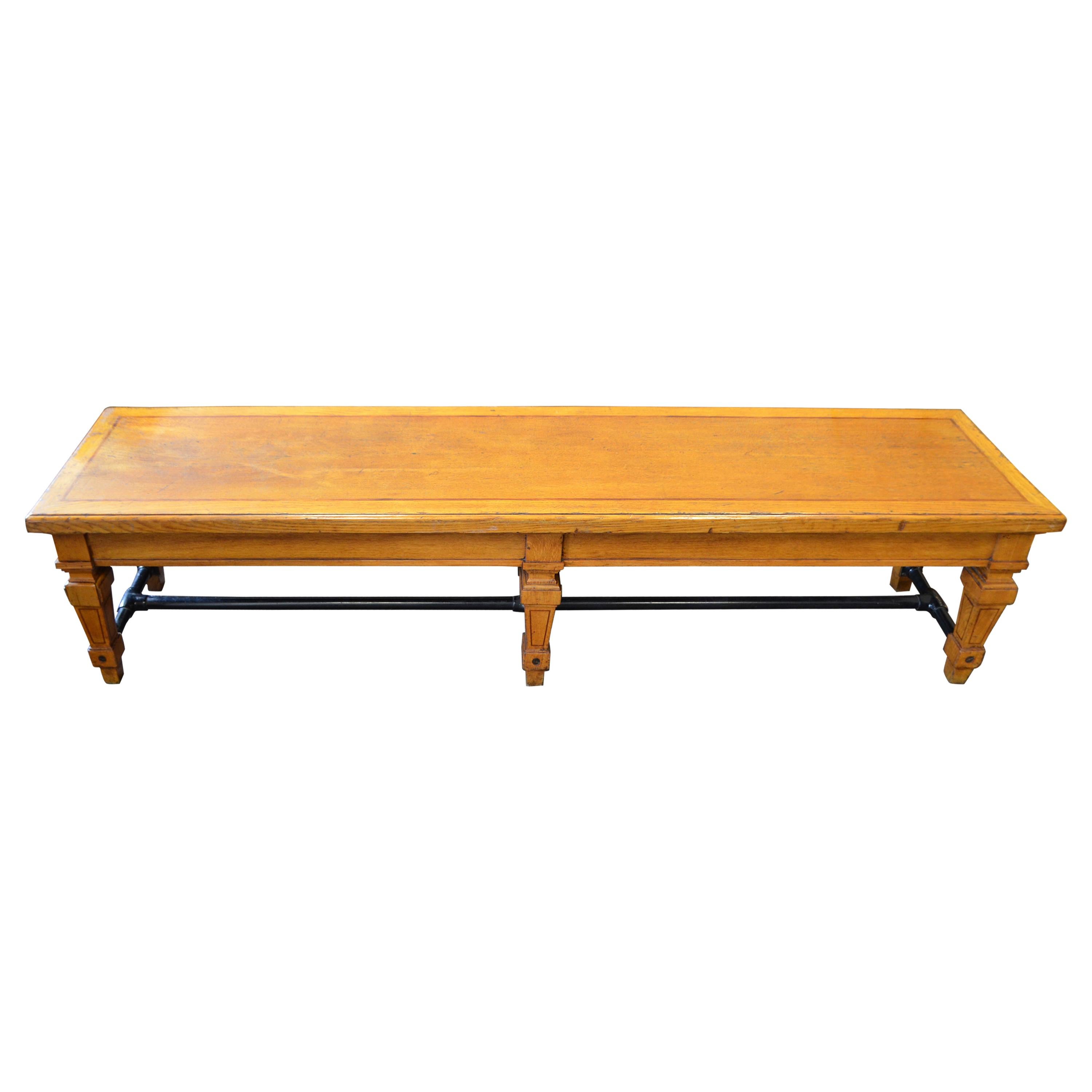 Bench from Parisian Bank, 1900s, Carved Legs and Oak Top with Steel Bar Supports For Sale