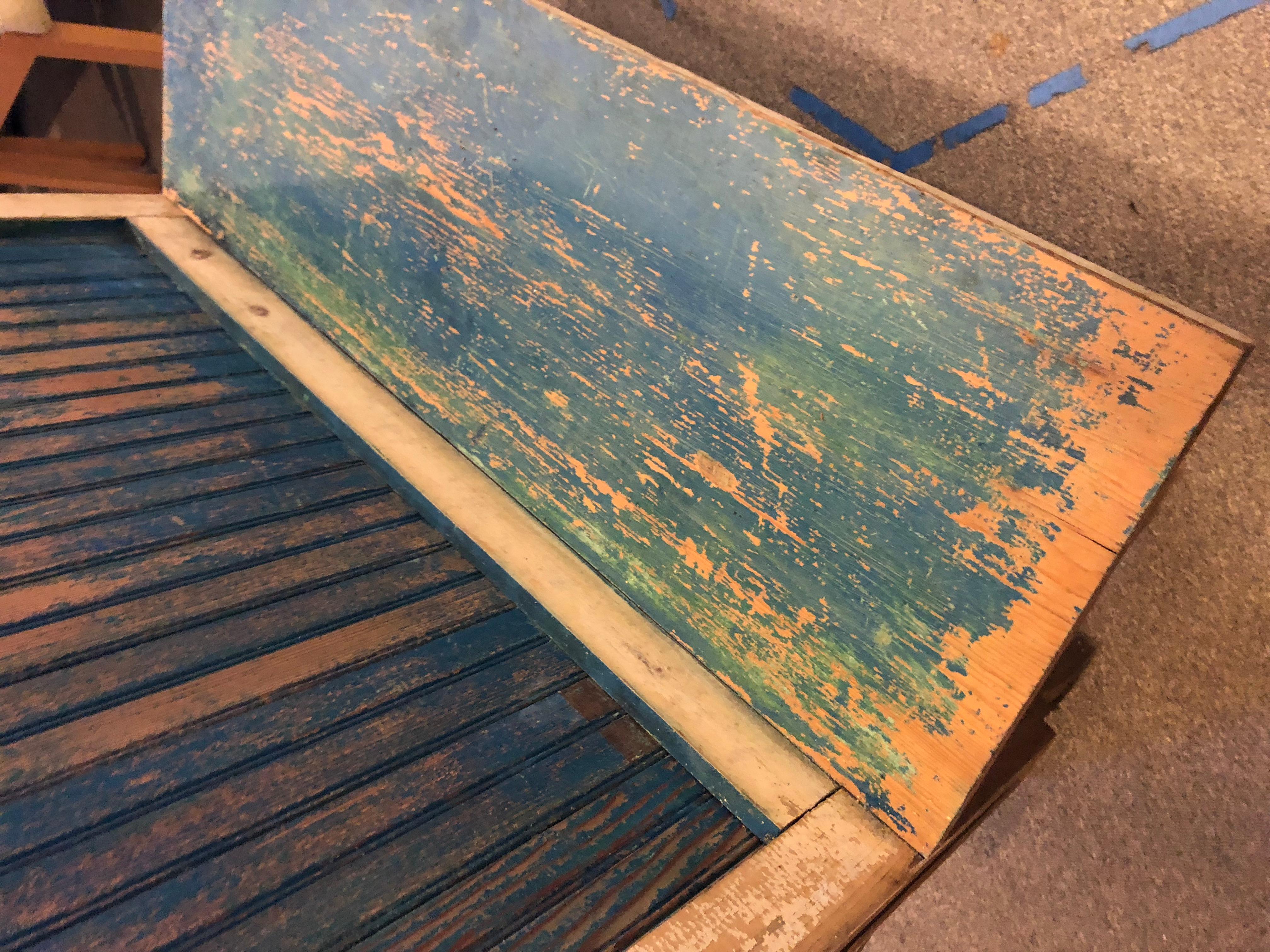 Bench from Train Depot, circa 1900s, 2 Sided with Original Blue Paint 2