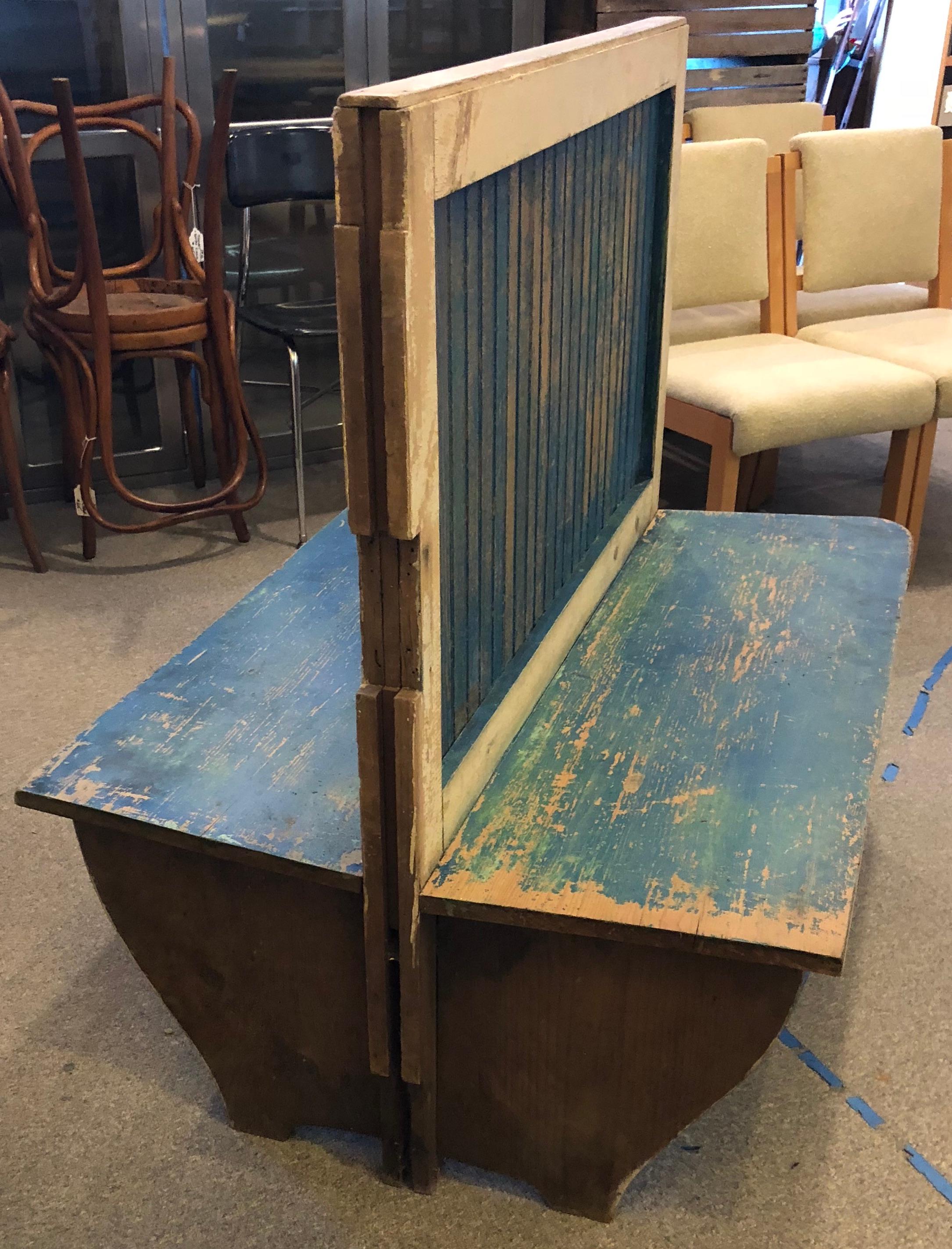 Bench from train depot, circa 1900s. Wooden, 2 sided with original blue paint. Sturdy, functional. Ideal entranceway hallway bench for putting on boots and shoes. Coat with spar varnish and use outdoors on porch, deck, patio or in the garden.