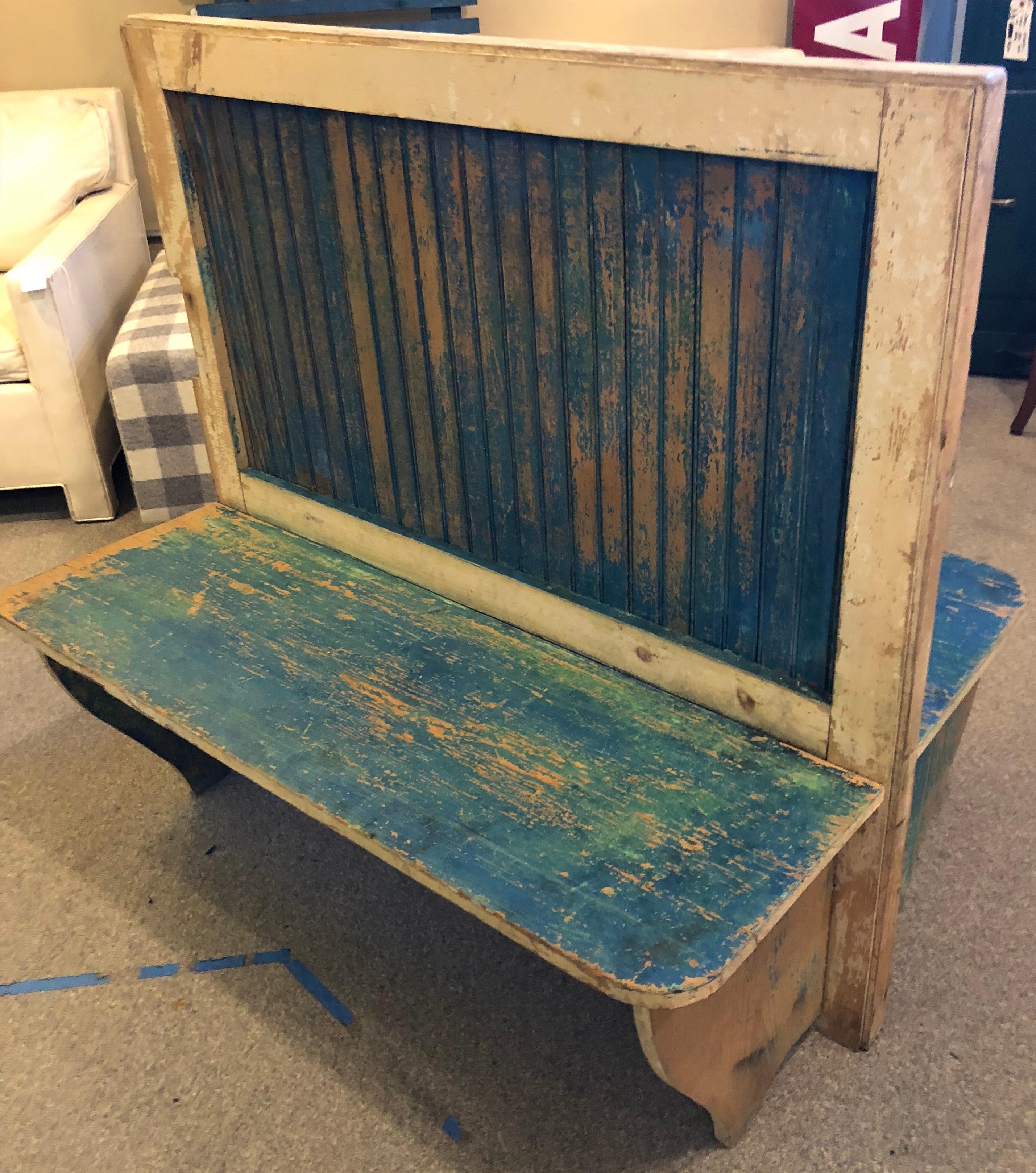 Bench from Train Depot, circa 1900s, 2 Sided with Original Blue Paint (Primitiv)