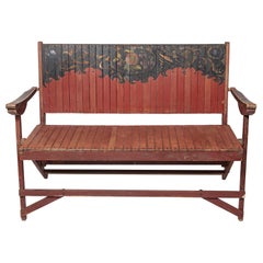 Antique Bench Garden Painted Beech Portable Oxblood Red Folk Naïve Country Floral Fruit