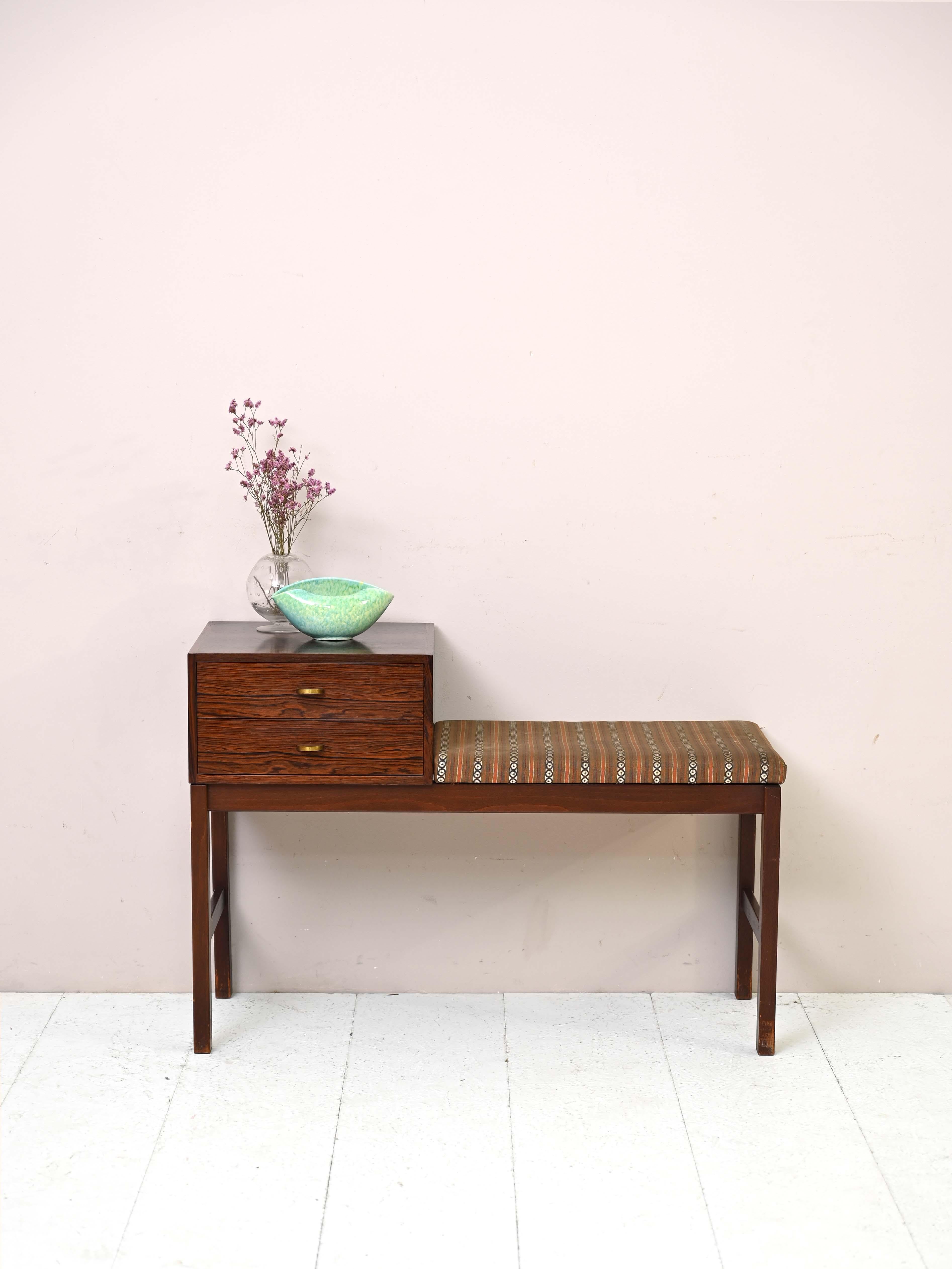 Scandinavian 1960s bench in rosewood.

An original piece of furniture, ideal for the entryway, created as a telephone cabinet with an integrated seat.
Consists of simple square legs, an upholstered seat reupholstered with original period fabric,