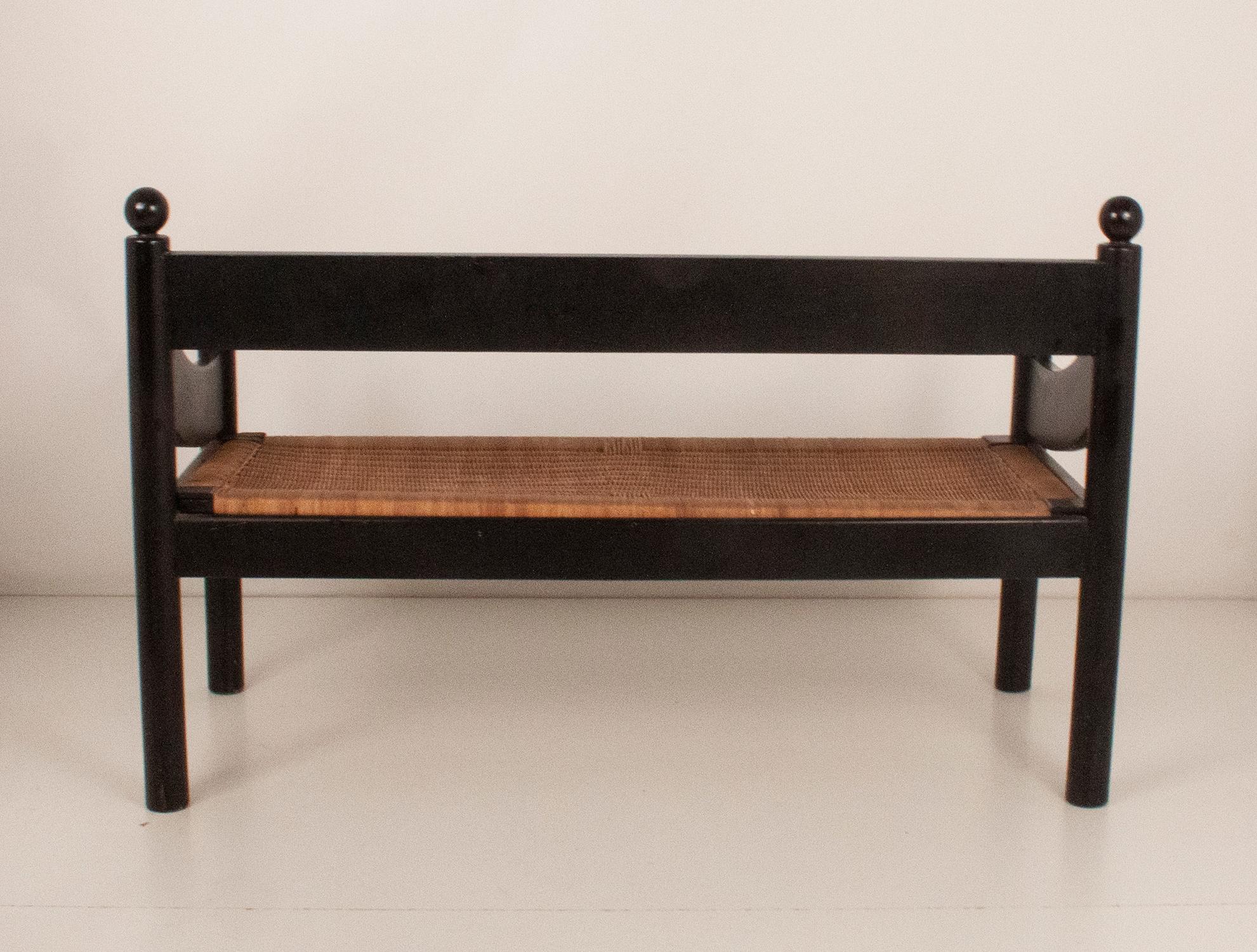 Spanish Bench in Black Lacquered Wood and Rush, by Joaquin Belsa, Spain 1970's